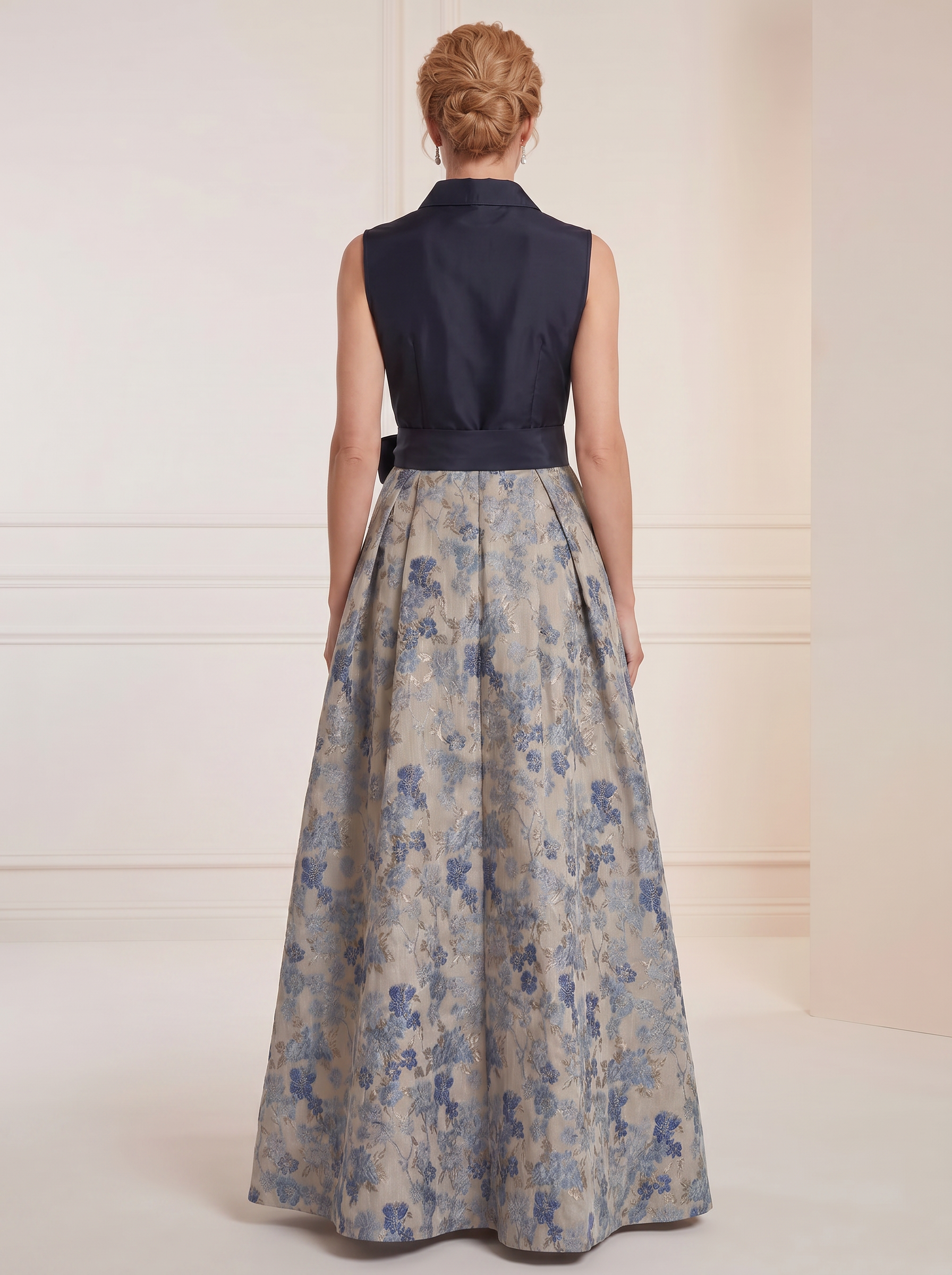 Sophisticated Navy Blue Floral Print Collared A-Line Formal Evening Dress 