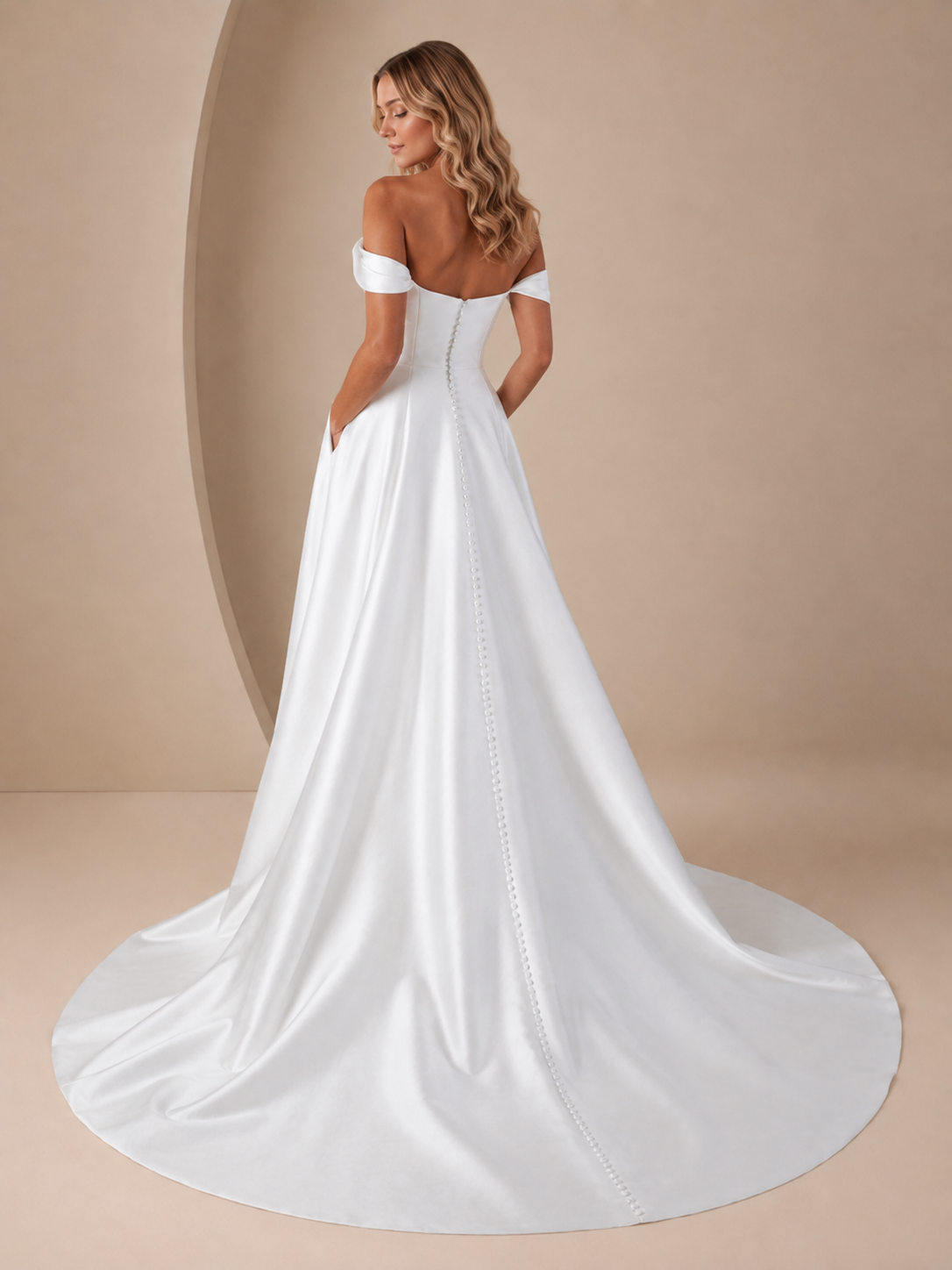 White Off-the-Shoulder Sweetheart Draped Satin High Slit Wedding Dress 