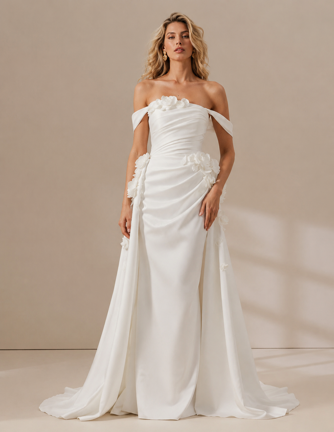 White Floral-Accented Off-the-Shoulder A-Line Wedding Dress