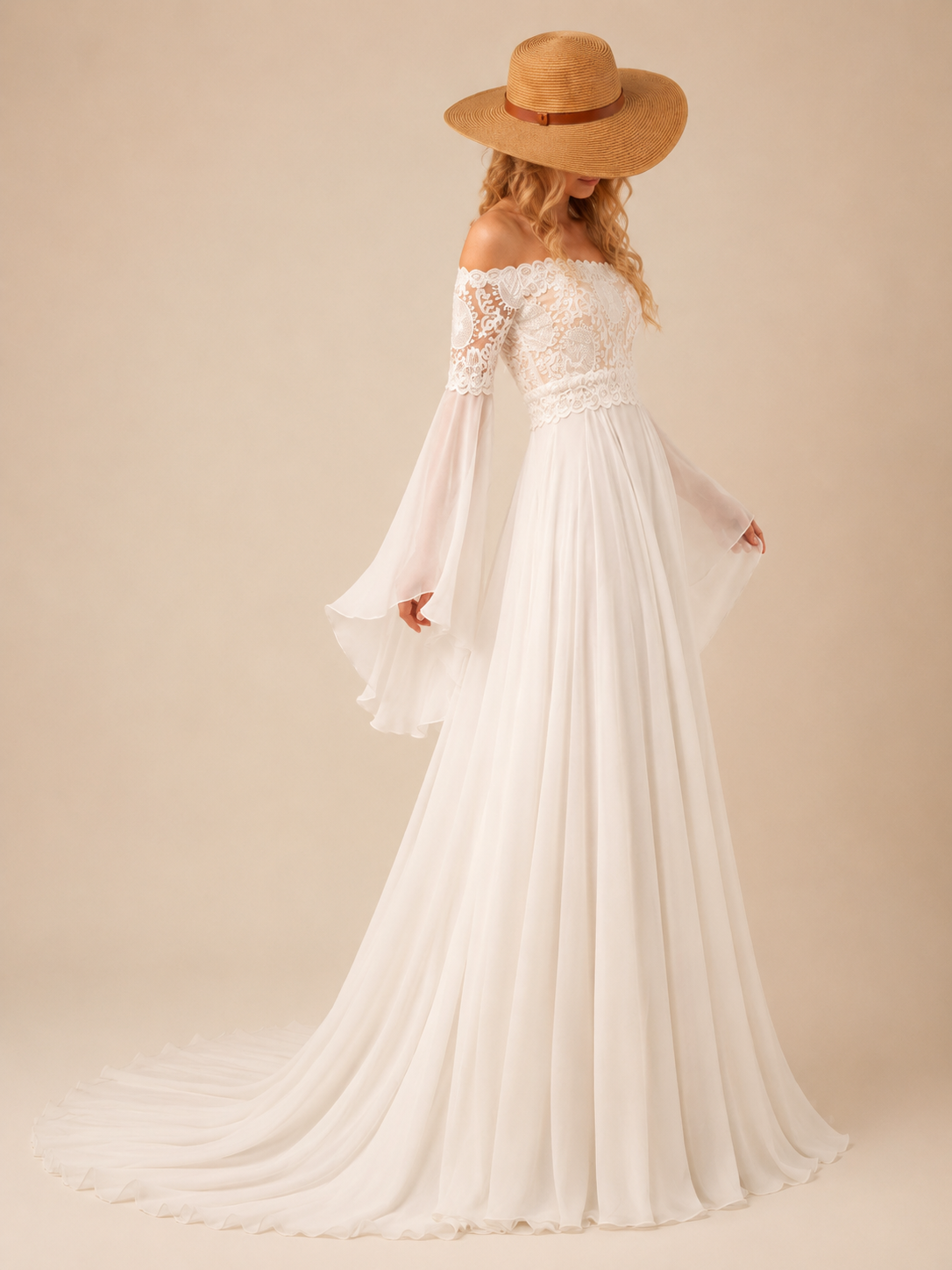 White Off-the-Shoulder Bell-Sleeve Lace Chiffon A-Line Wedding Dress 