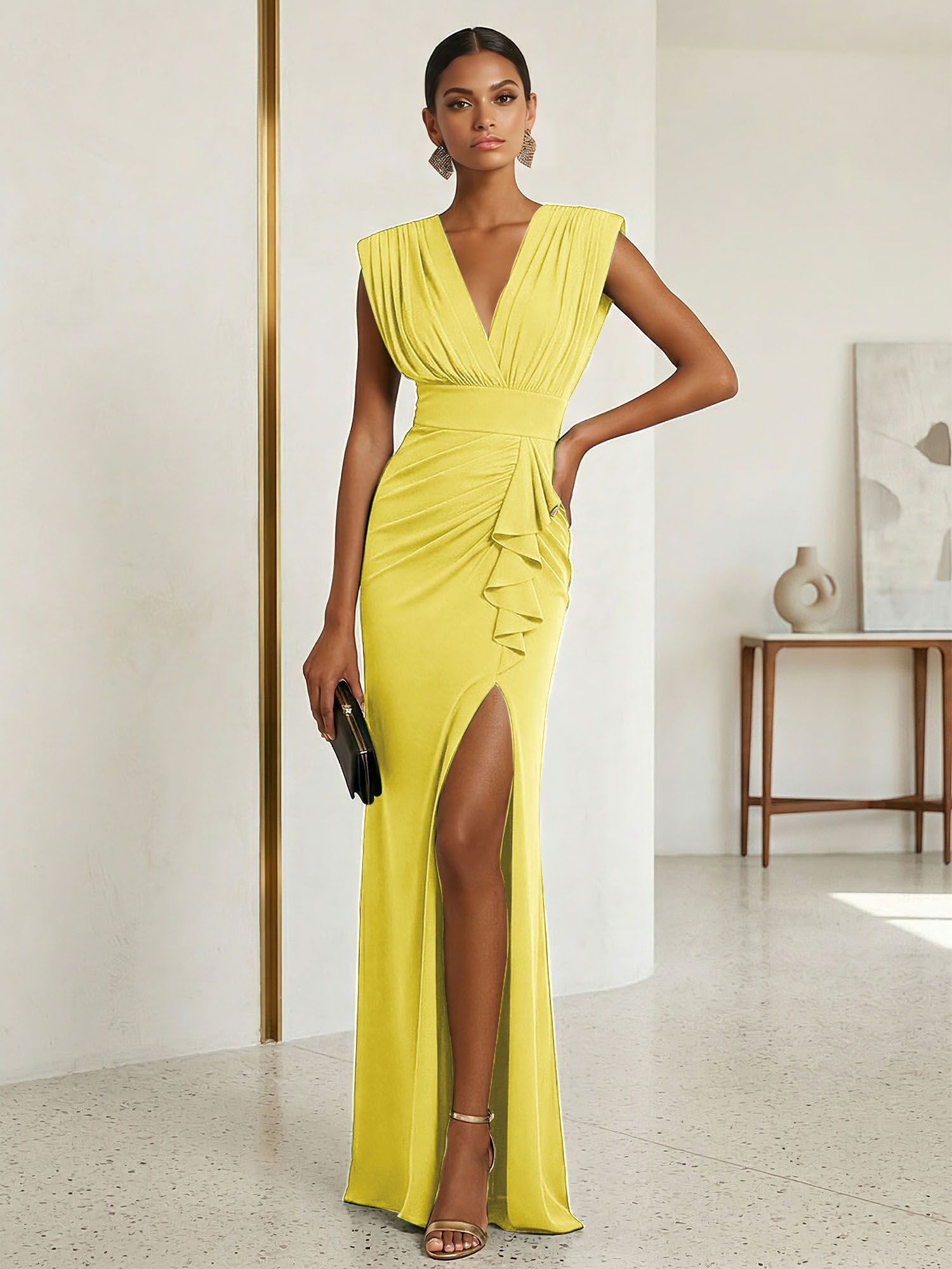 Commanding Formal Evening Dress Emerald Green Plunging V-Neck Slit Gown