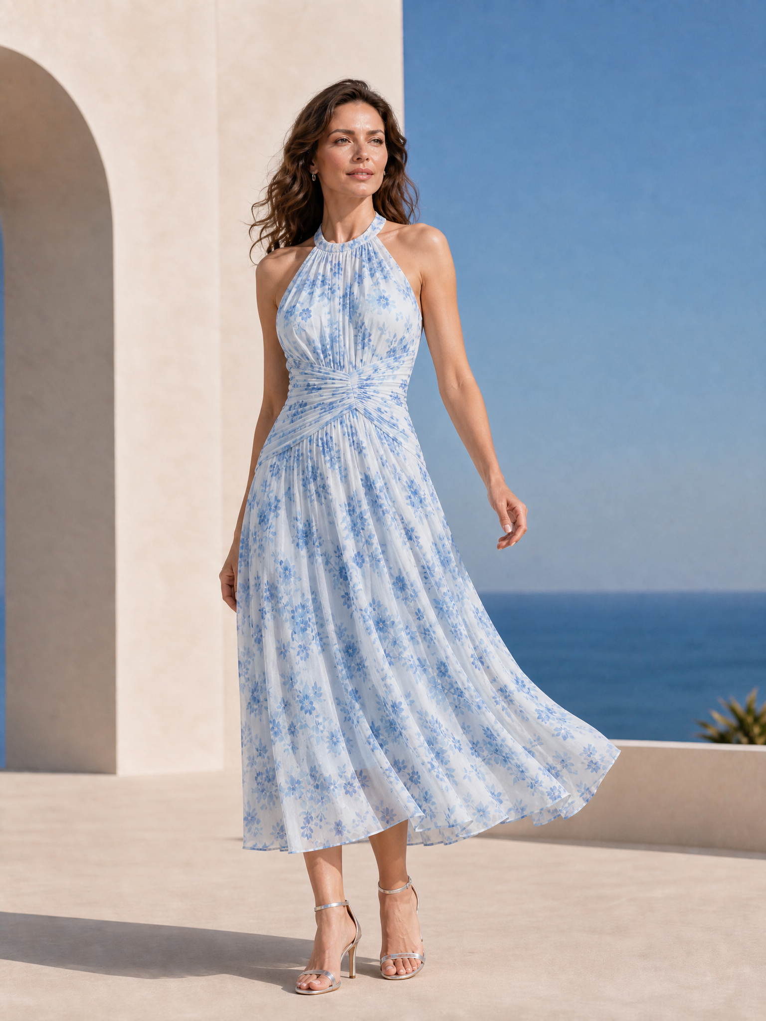 Luminous Blue Floral Halter Pleated A-Line Midi Formal Evening Dress