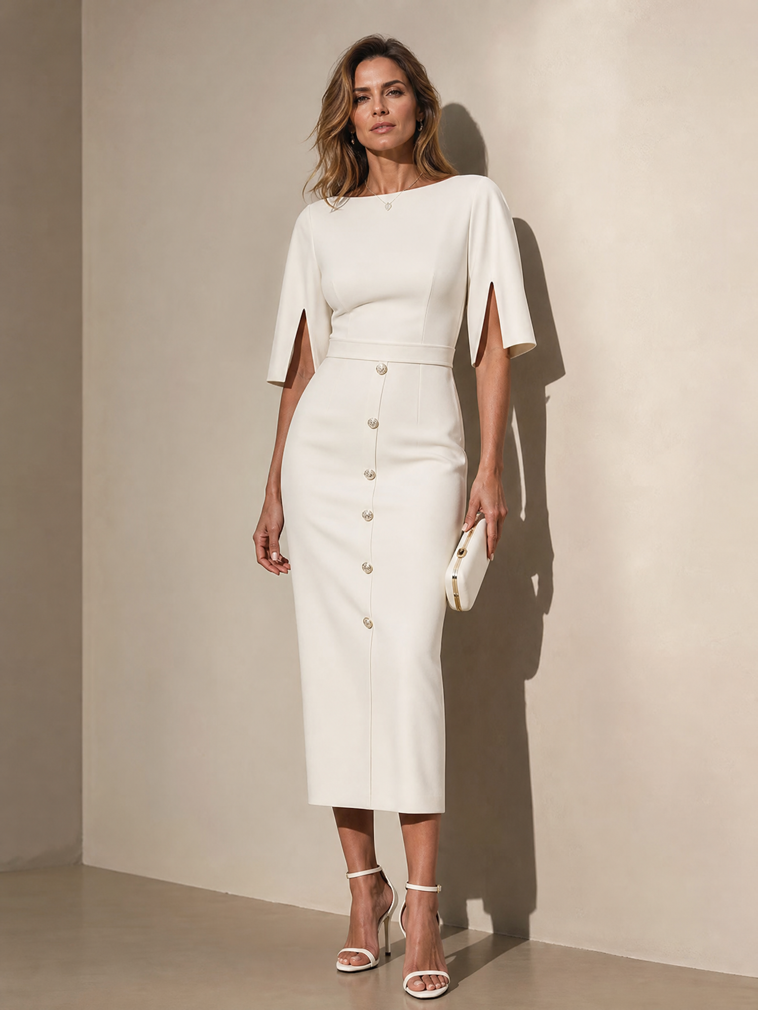  Ivory Split-Sleeve Button-Front Tailored Sheath Midi Gown Dress 