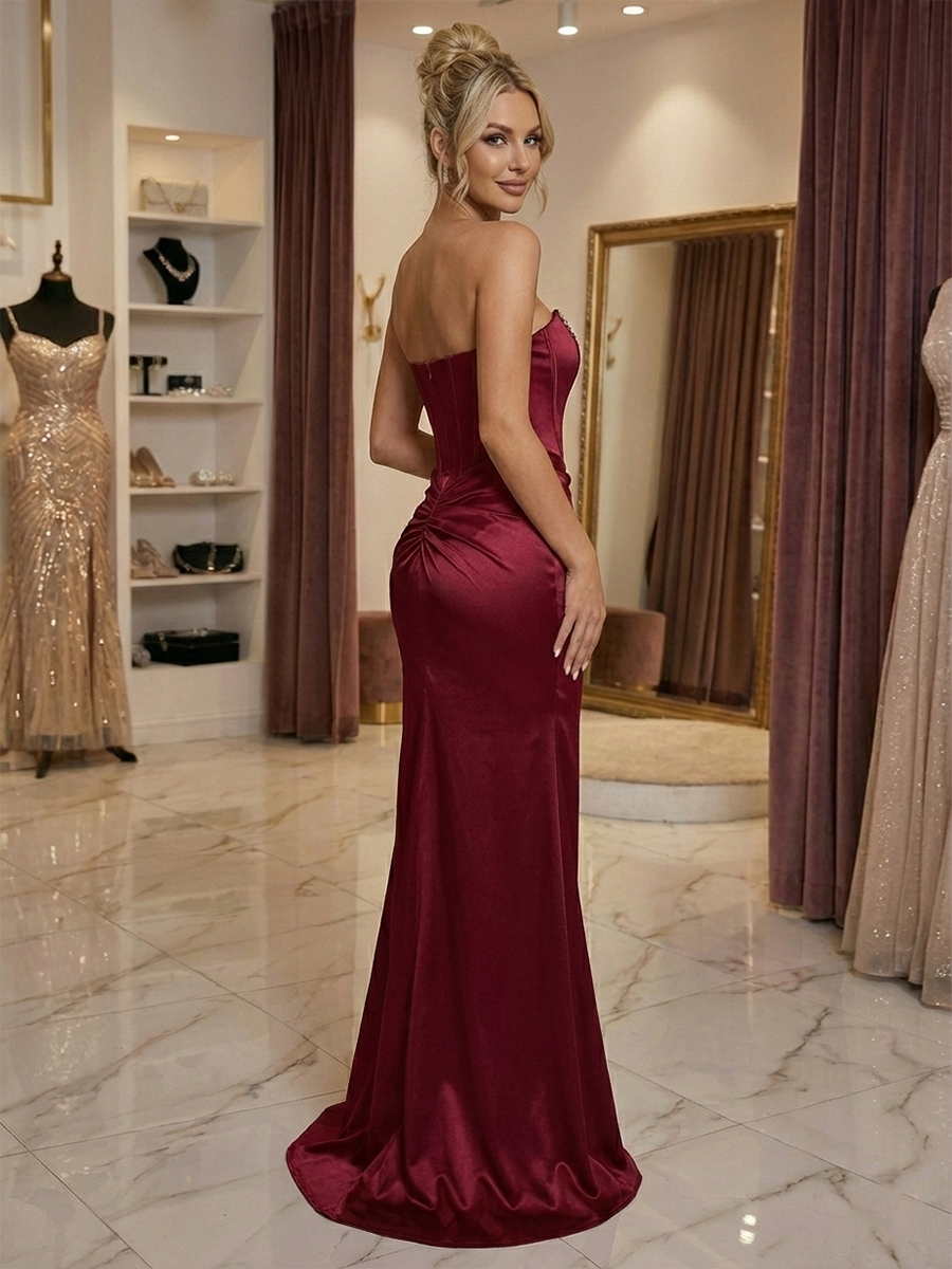 Luxe Burgundy Strapless Satin Evening Gown with Crystal Trim & Thigh Slit