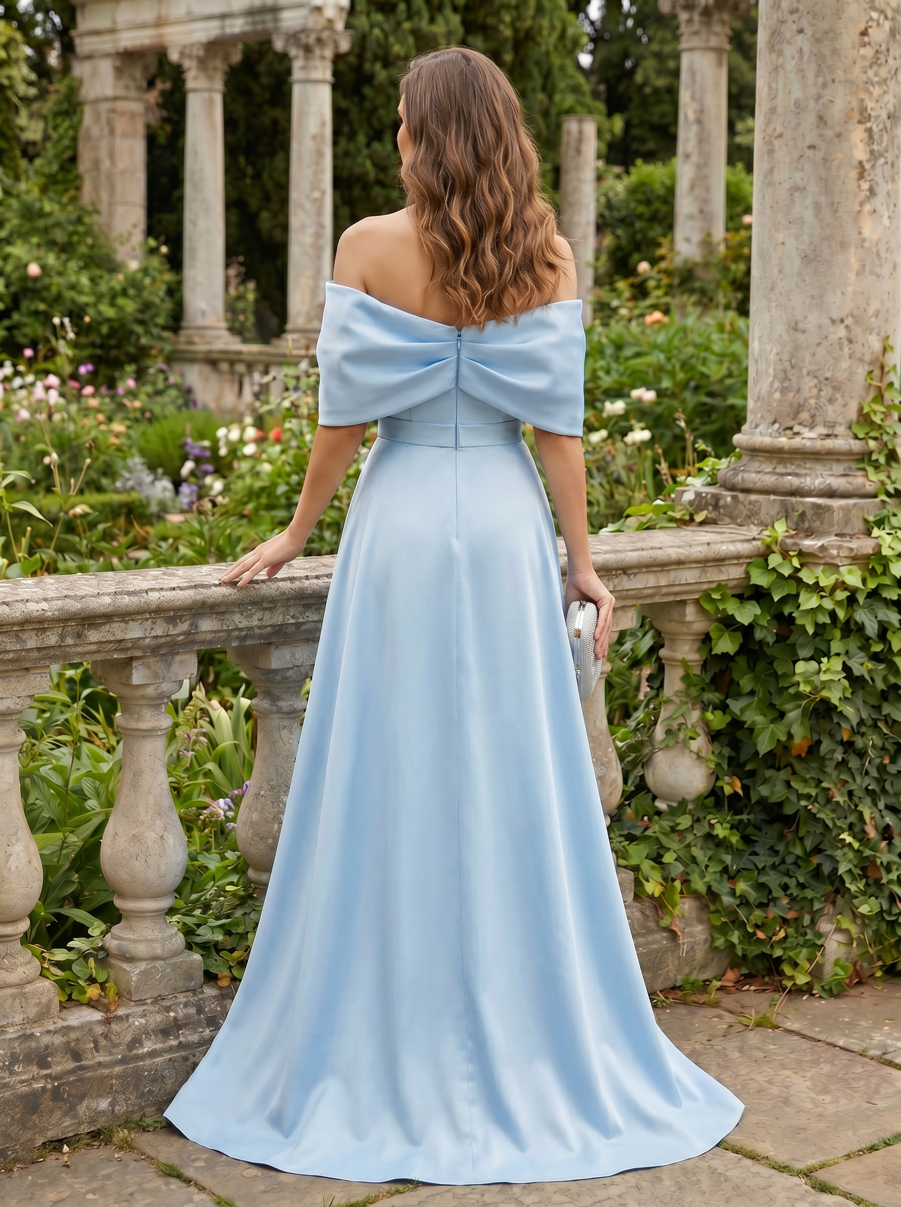 Ethereal Sky Blue Beaded Off-The-Shoulder A-Line Formal Evening Dress 
