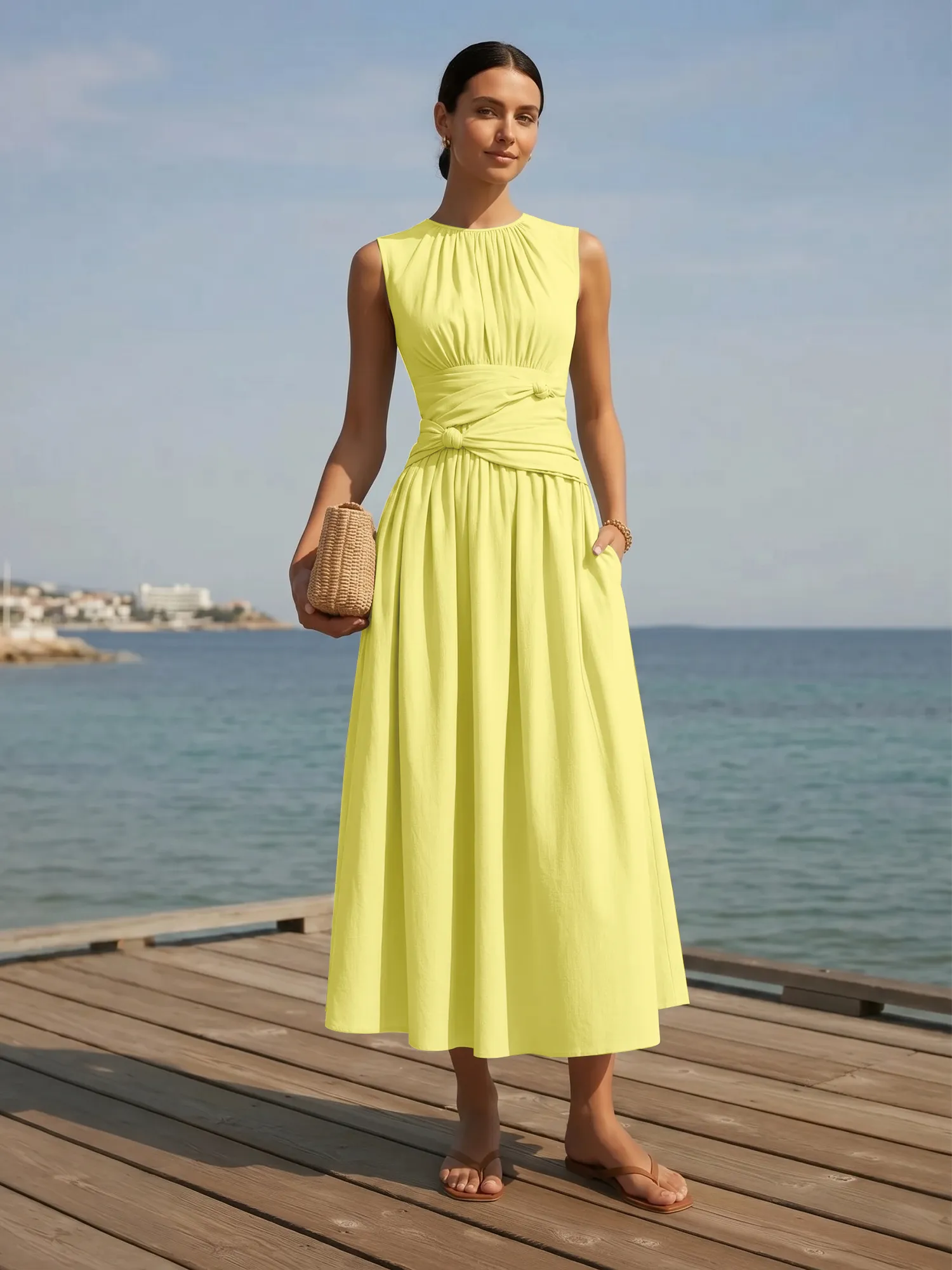 Sleeveless Round Neck Waist-Knot Midi Evening Dress