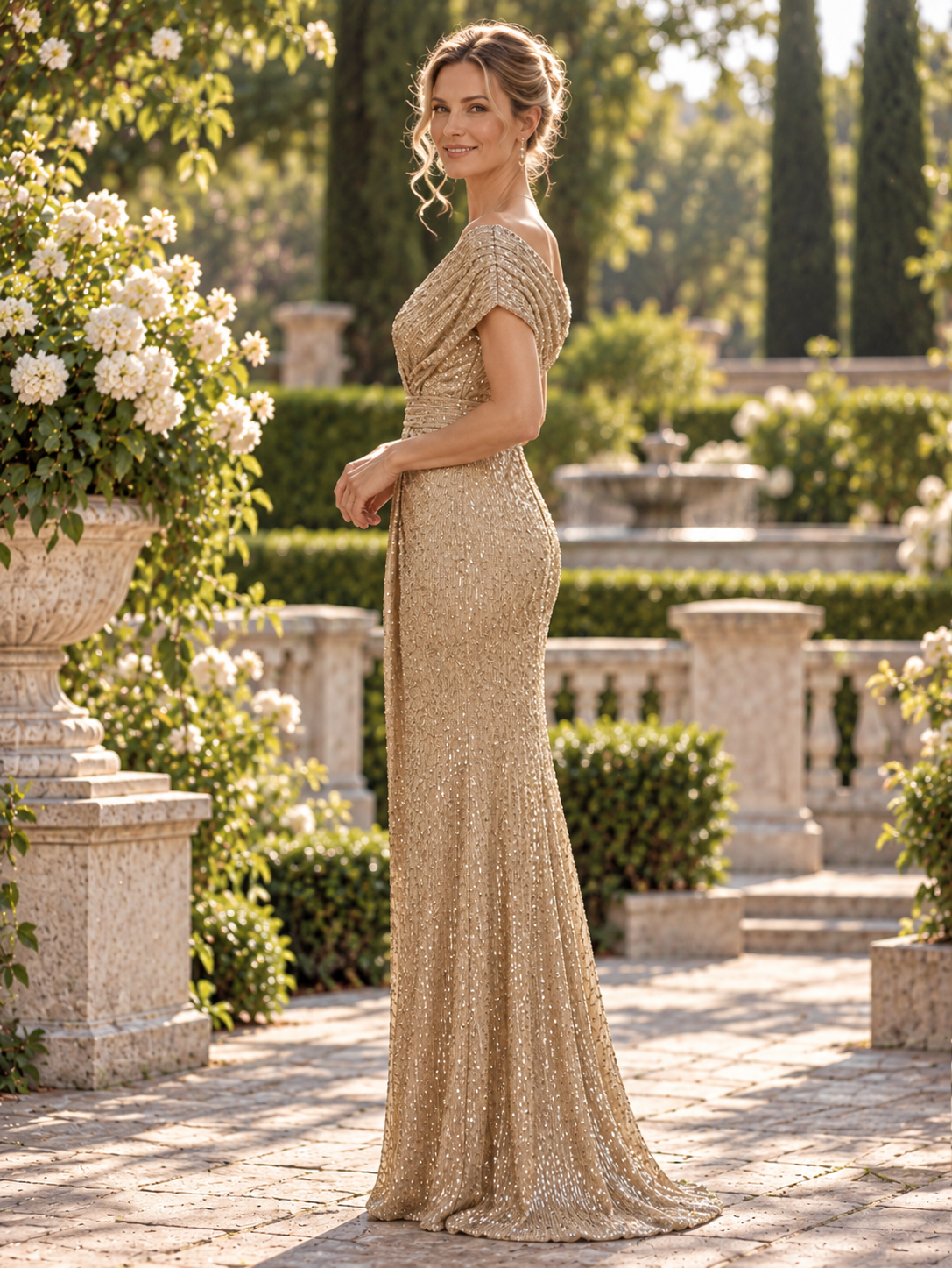 Gold Sequin Draped Off-the-Shoulder Sheath Mother of the Bride & Groom Dresses 