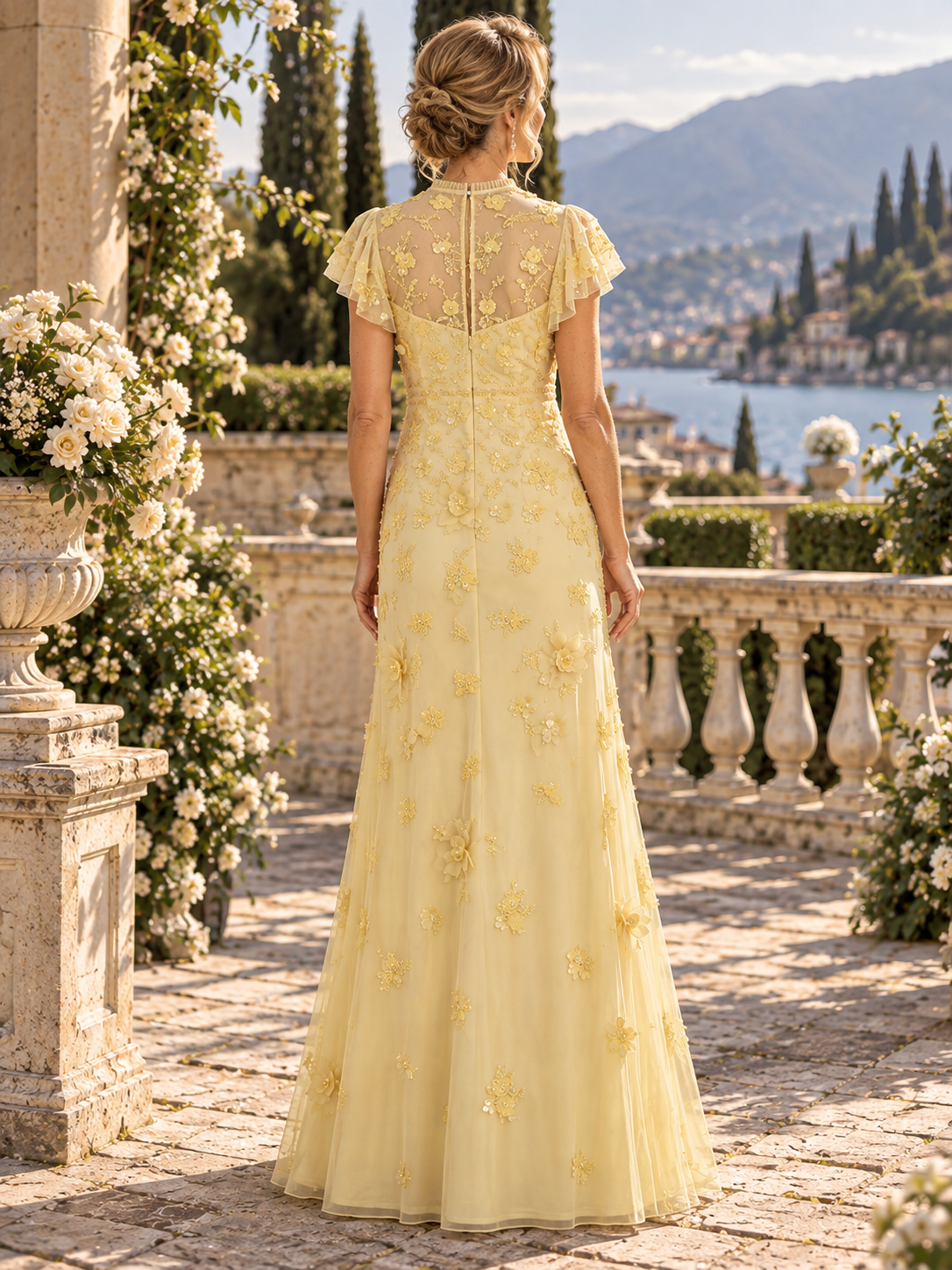 Butter Yellow Appliqué High-Neck Column Maxi Mother of the Bride & Groom Dresses 