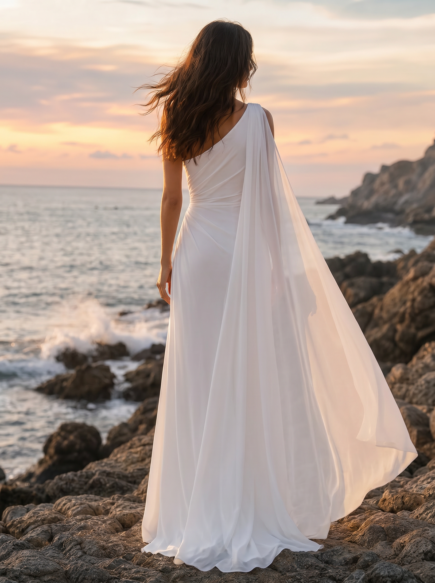 Ethereal White Grecian-Inspired One-Shoulder Chiffon Formal Evening Dress With High Slit