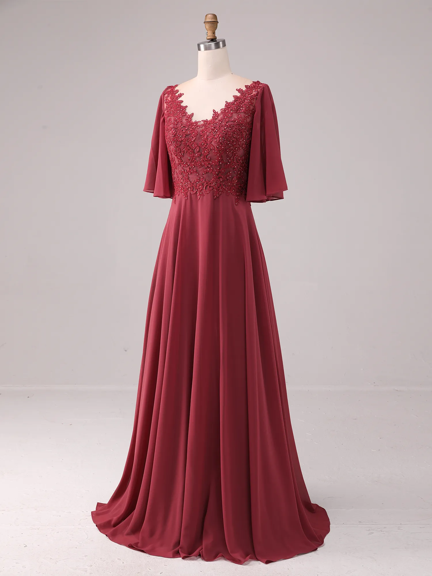 Burgundy Illusion Lace Flutter Sleeve Chiffon A-Line Mother of the Bride Dress