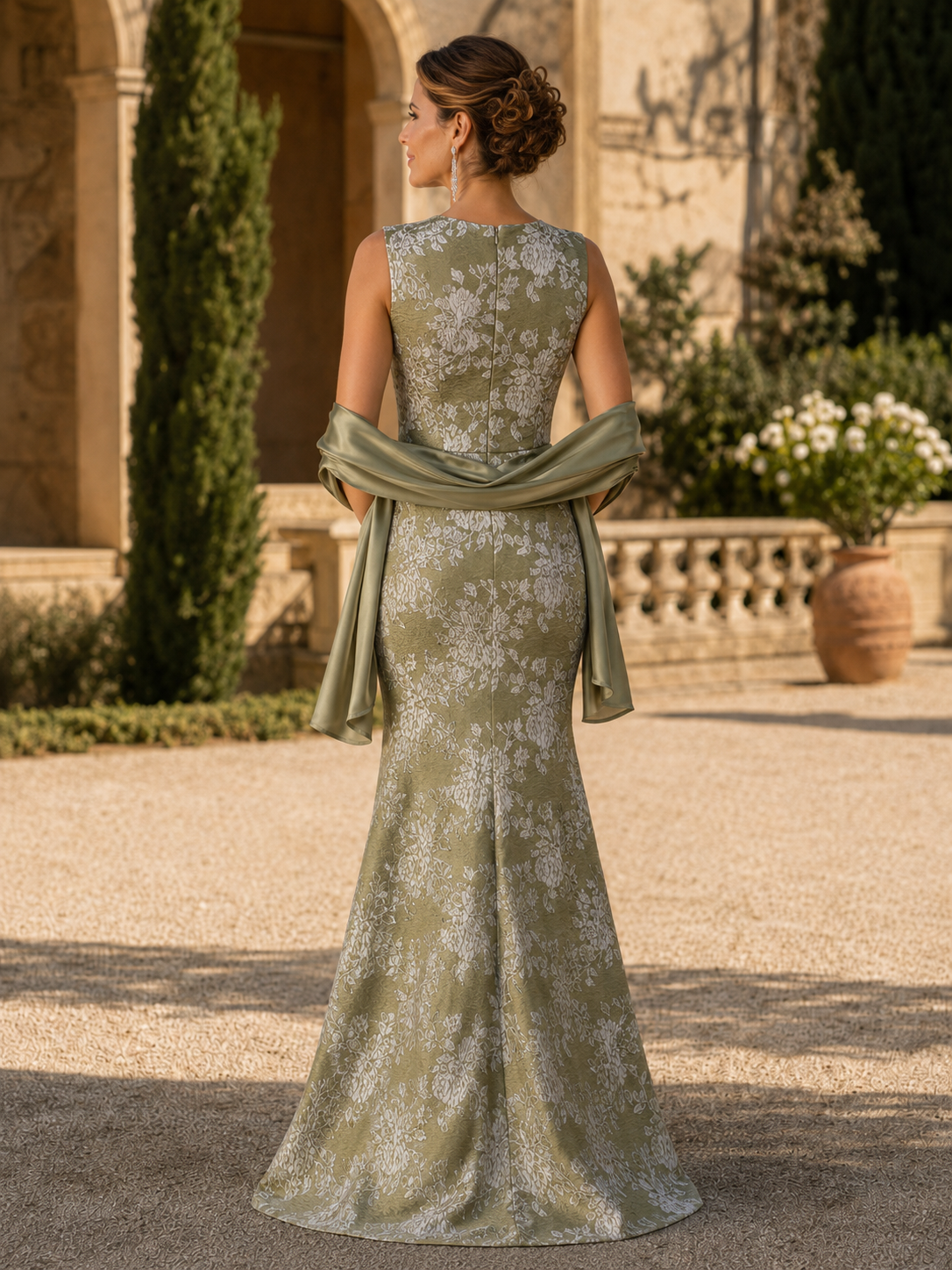 Olive Green Jacquard Mermaid Boat Neckline Maxi Mother of the Bride & Groom Dresses