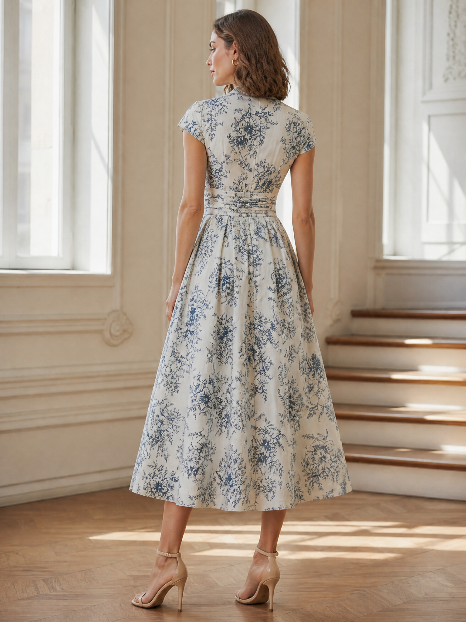  Toile De Jouy Floral V-Neck A-Line Midi Evening Gown Dress 