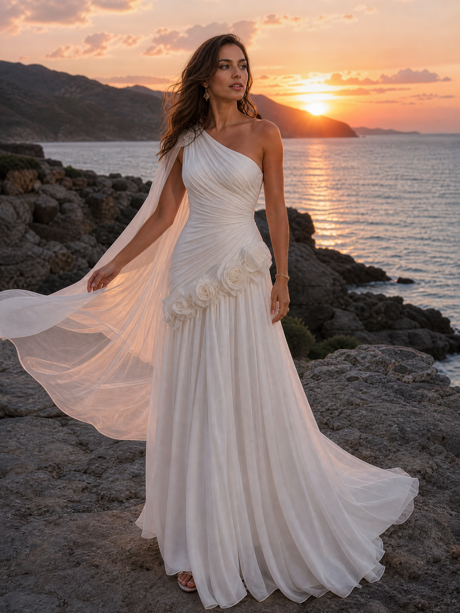 Ethereal White Floral-Accented One-Shoulder Chiffon A-Line Formal Evening Dress 