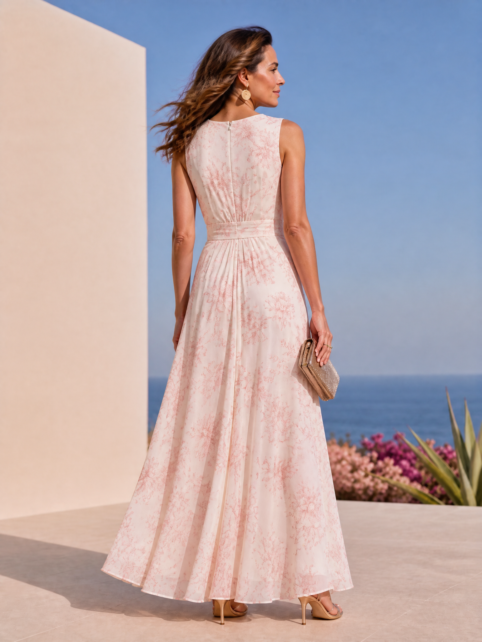 Pink Floral Crew-Neck Sleeveless A-Line Formal Evening Dress