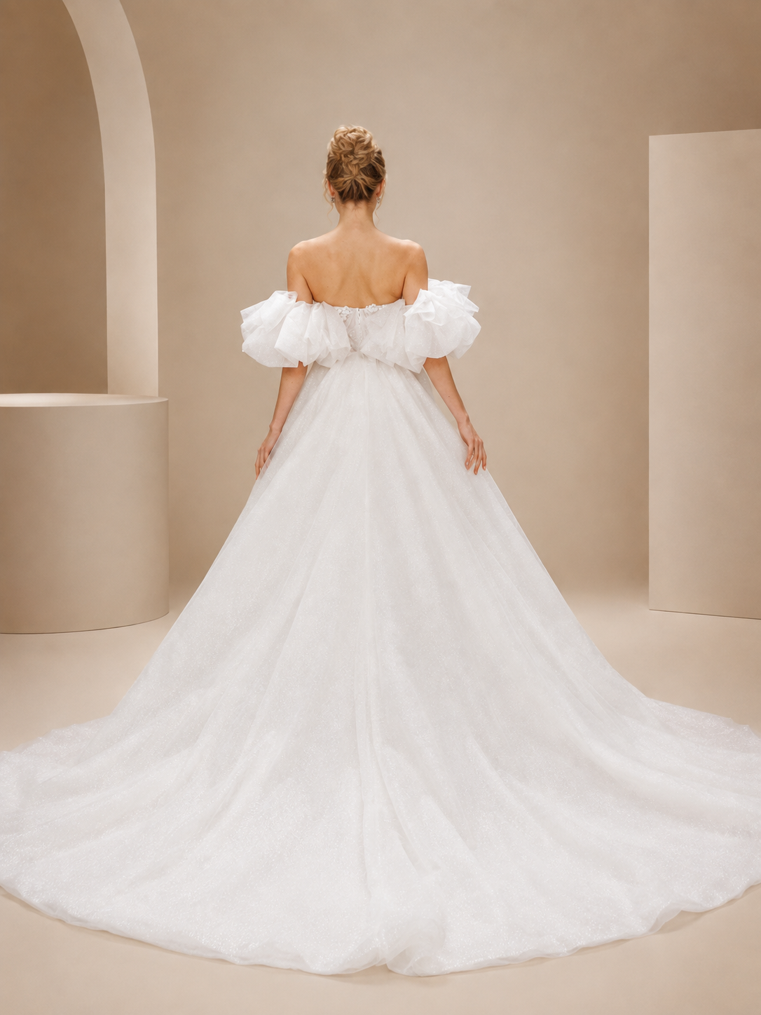White Off-the-Shoulder Glitter High Slit A-Line Maxi Wedding Dress 