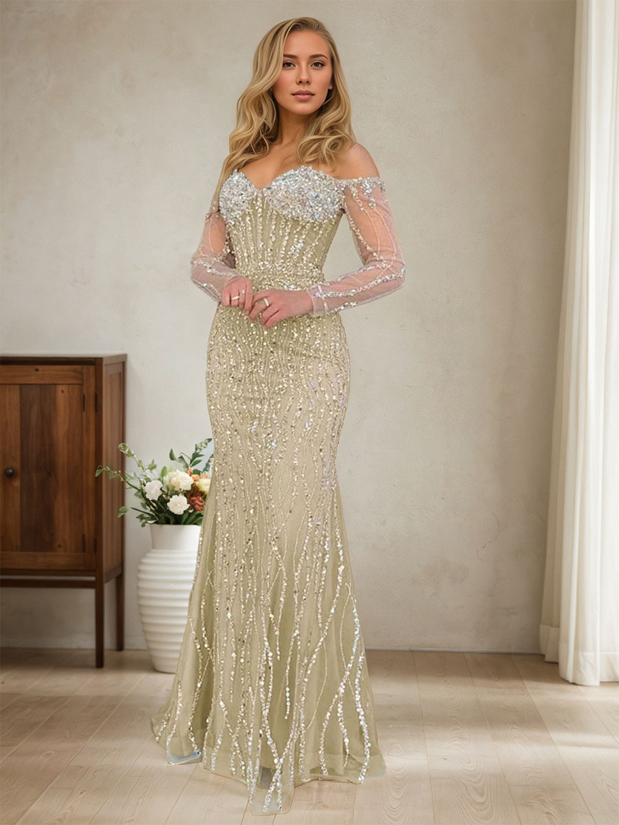 Champagne Crystal Embellished Off-the-Shoulder Mermaid Evening Gown