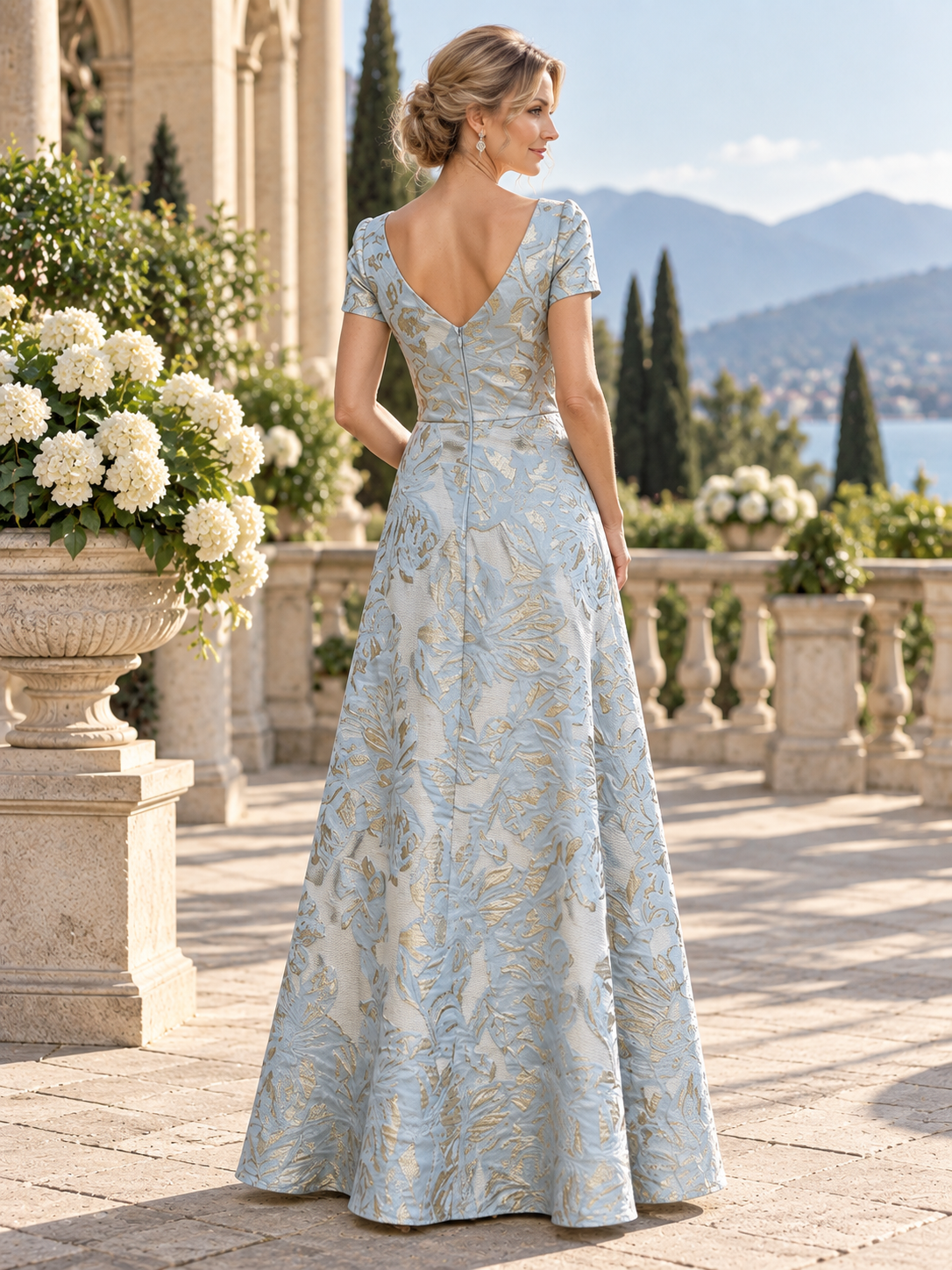Luminous Sky Blue Brocade Square Neck A-Line Mother of the Bride & Groom Dresses 