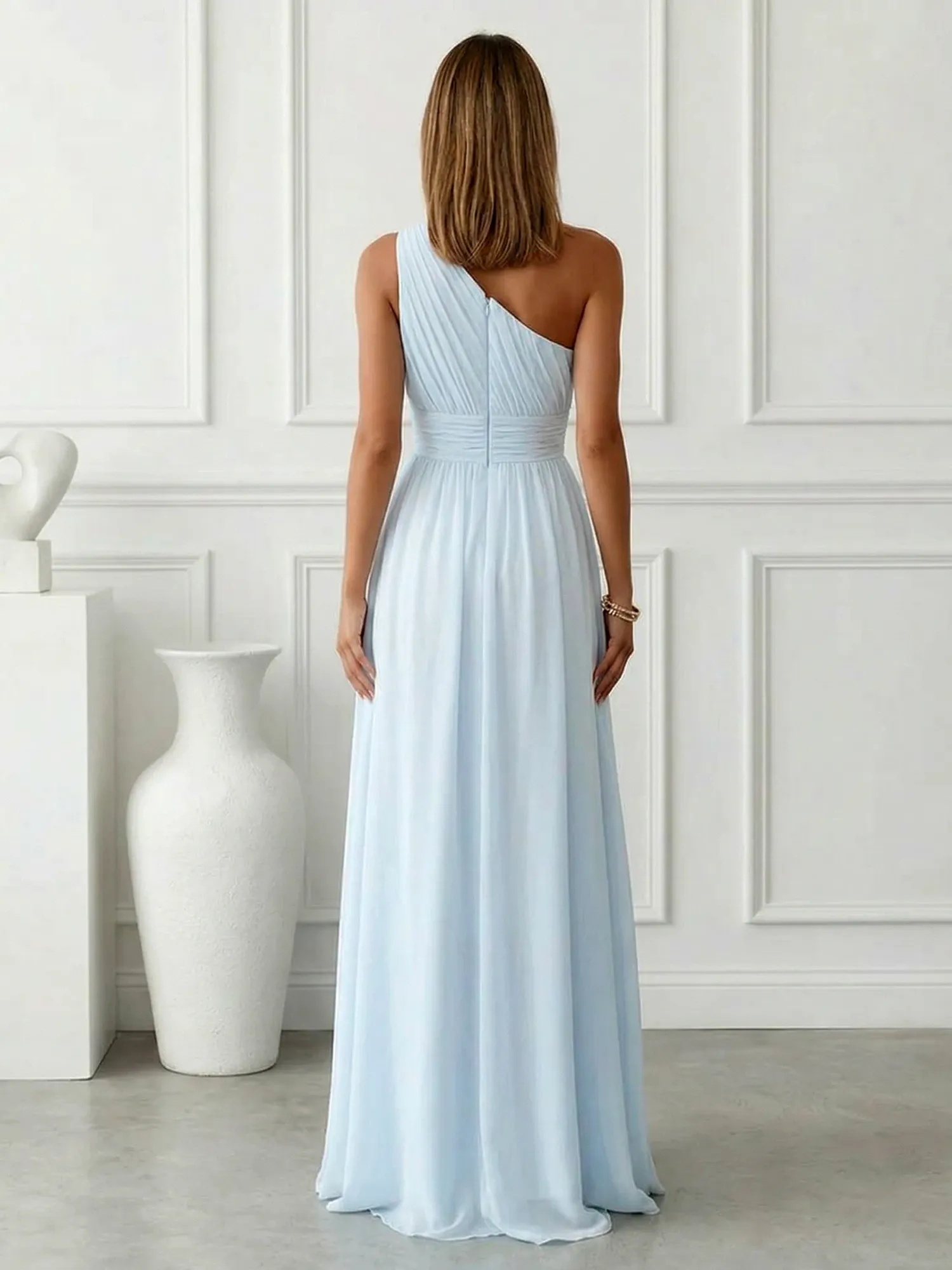 One-Shoulder Pleated Chiffon A-Line Evening Dress