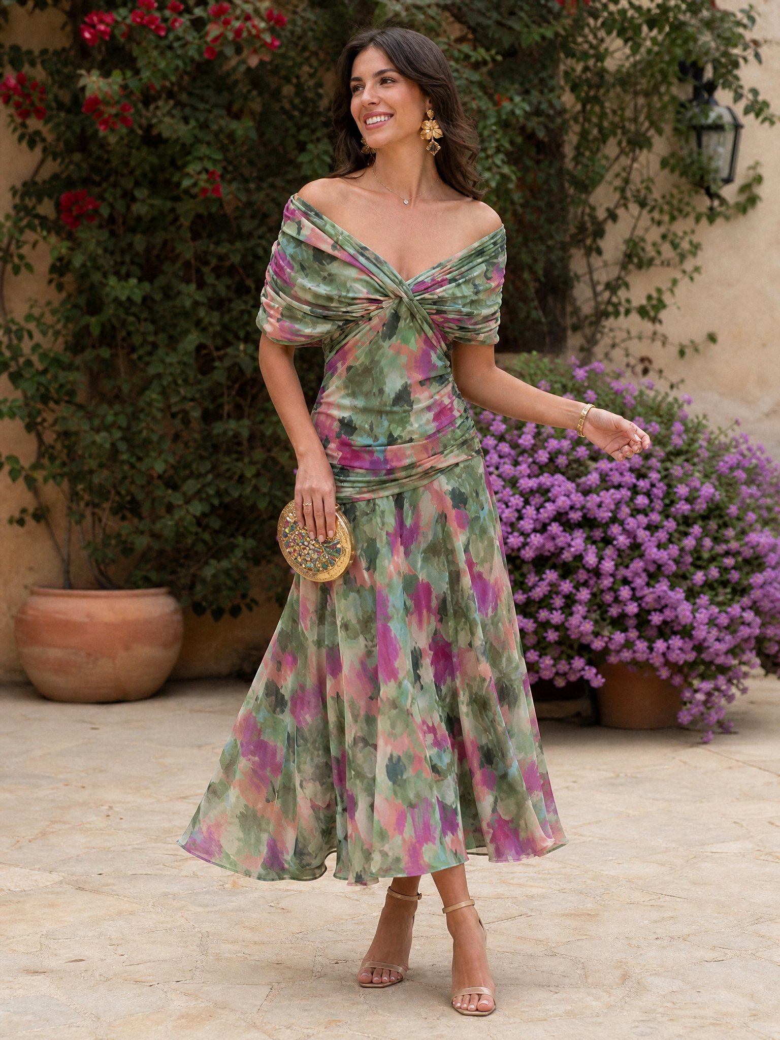 Ethereal Sage Watercolor Off-The-Shoulder A-Line Midi Gown Dress
