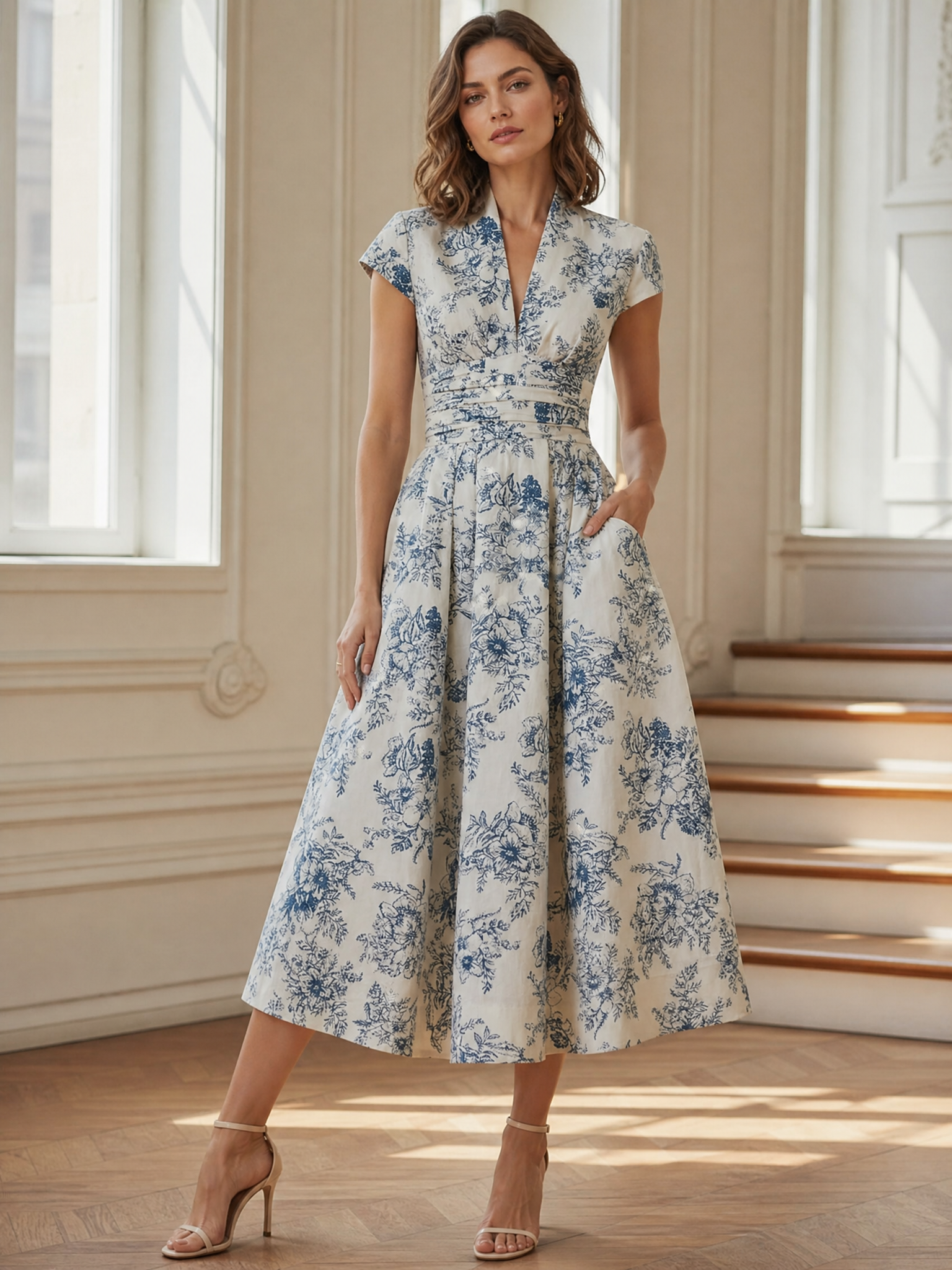  Toile De Jouy Floral V-Neck A-Line Midi Evening Gown Dress 