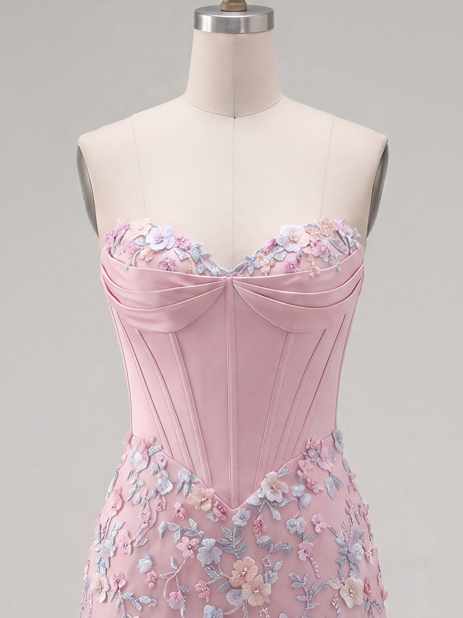 Enchanting Pink Floral Embroidered Corset Strapless Homecoming Dress