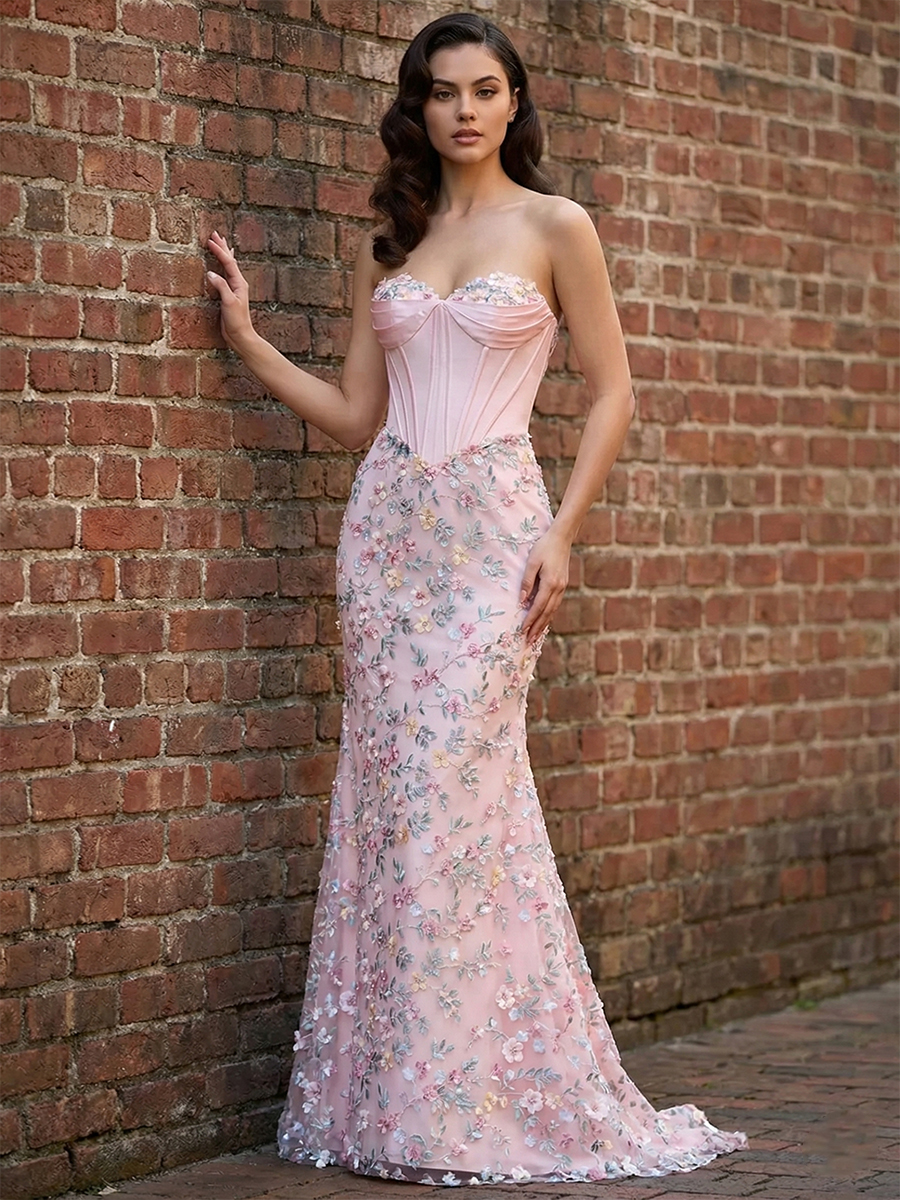  Romantic Blush Strapless Evening Gown with 3D Floral Embroidery & Lace-Up Bac