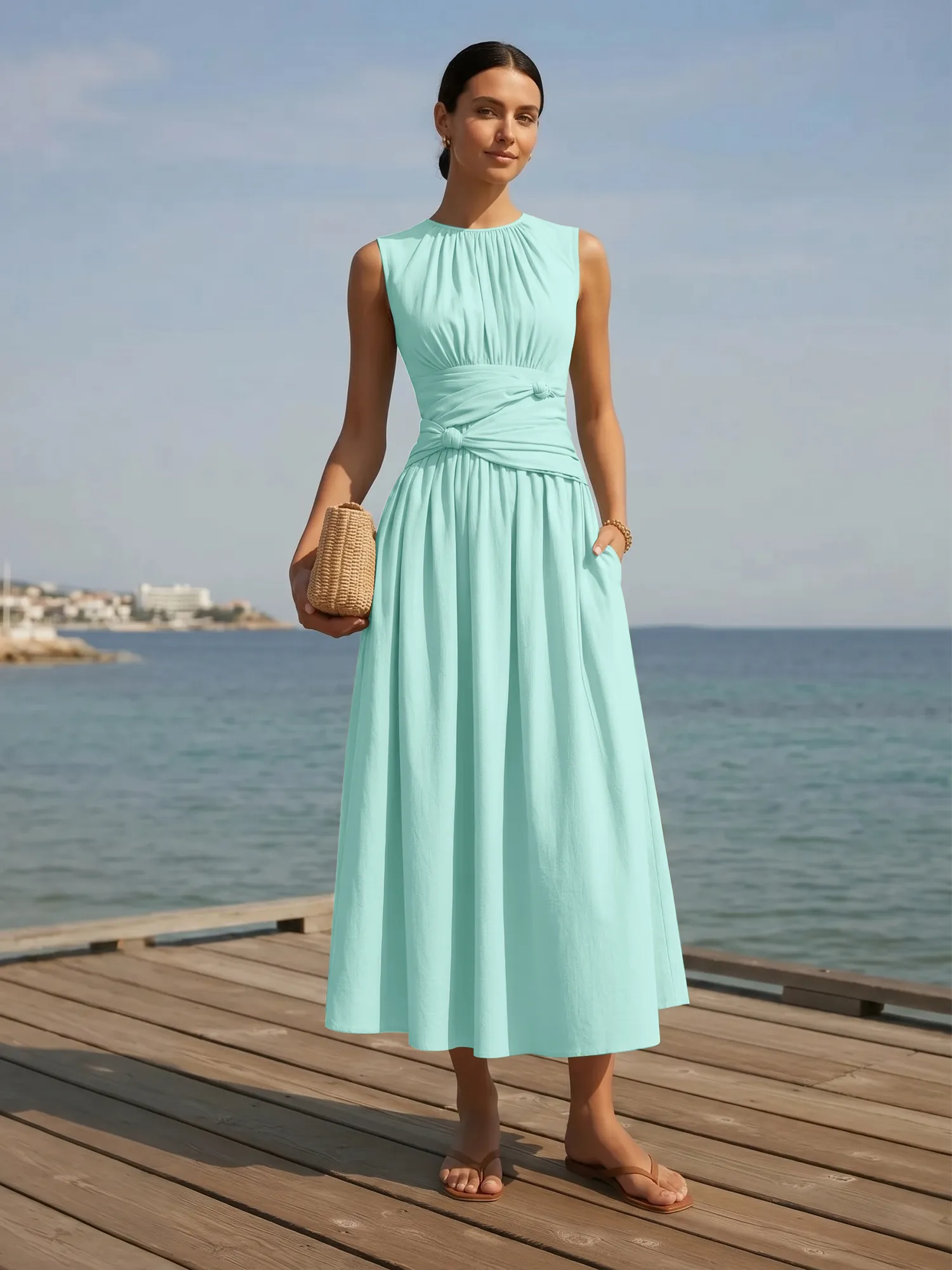 Sleeveless Round Neck Waist-Knot Midi Evening Dress