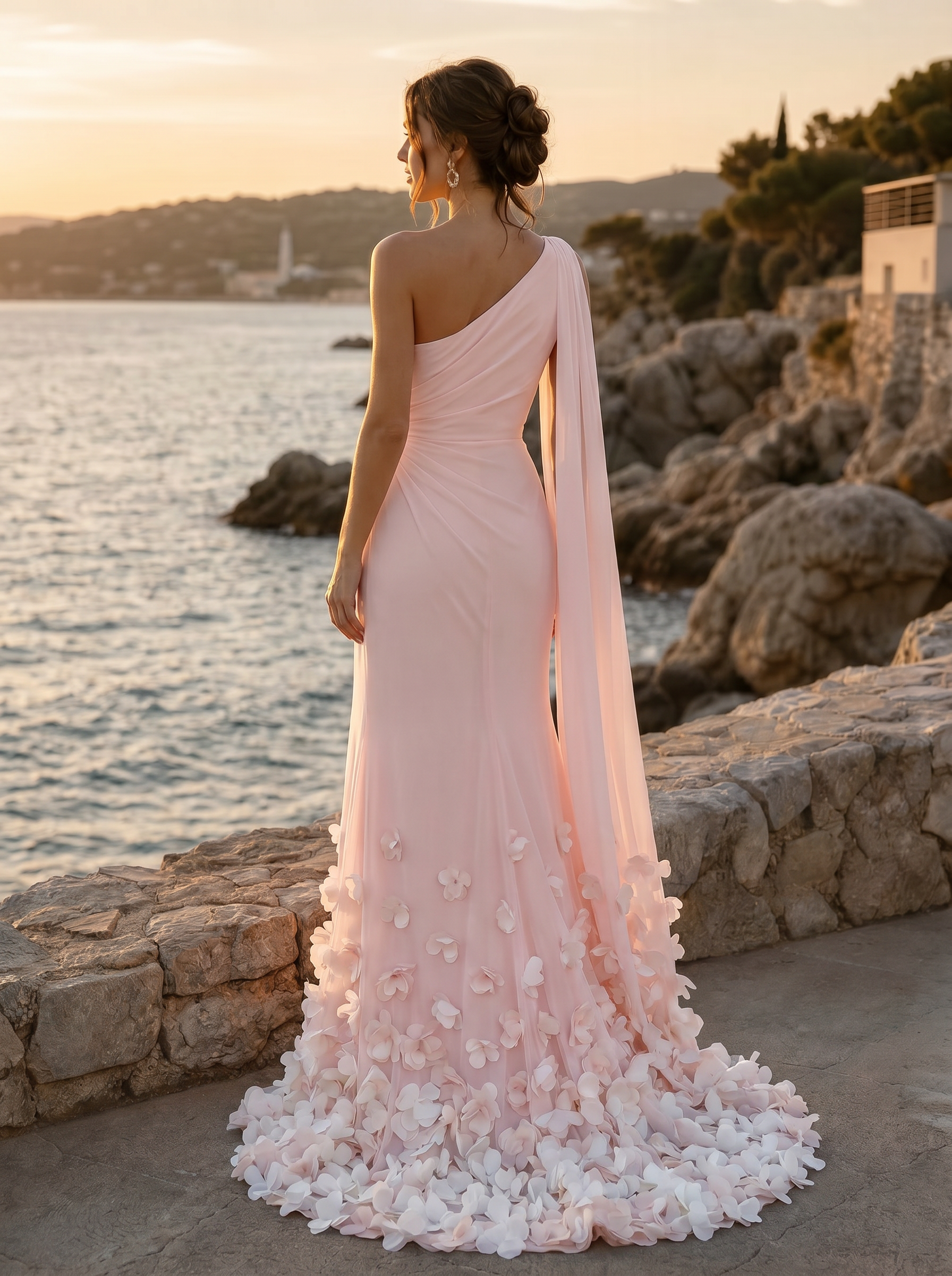 Ethereal Blush Pink Floral-Appliqué One-Shoulder Formal Evening Dress With High Slit 