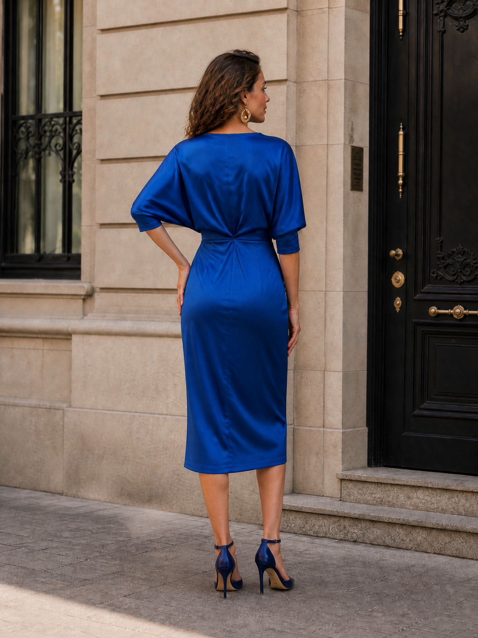 Royal Blue Draped Knot-Front V-Neck Sheath Midi Gown Dress 