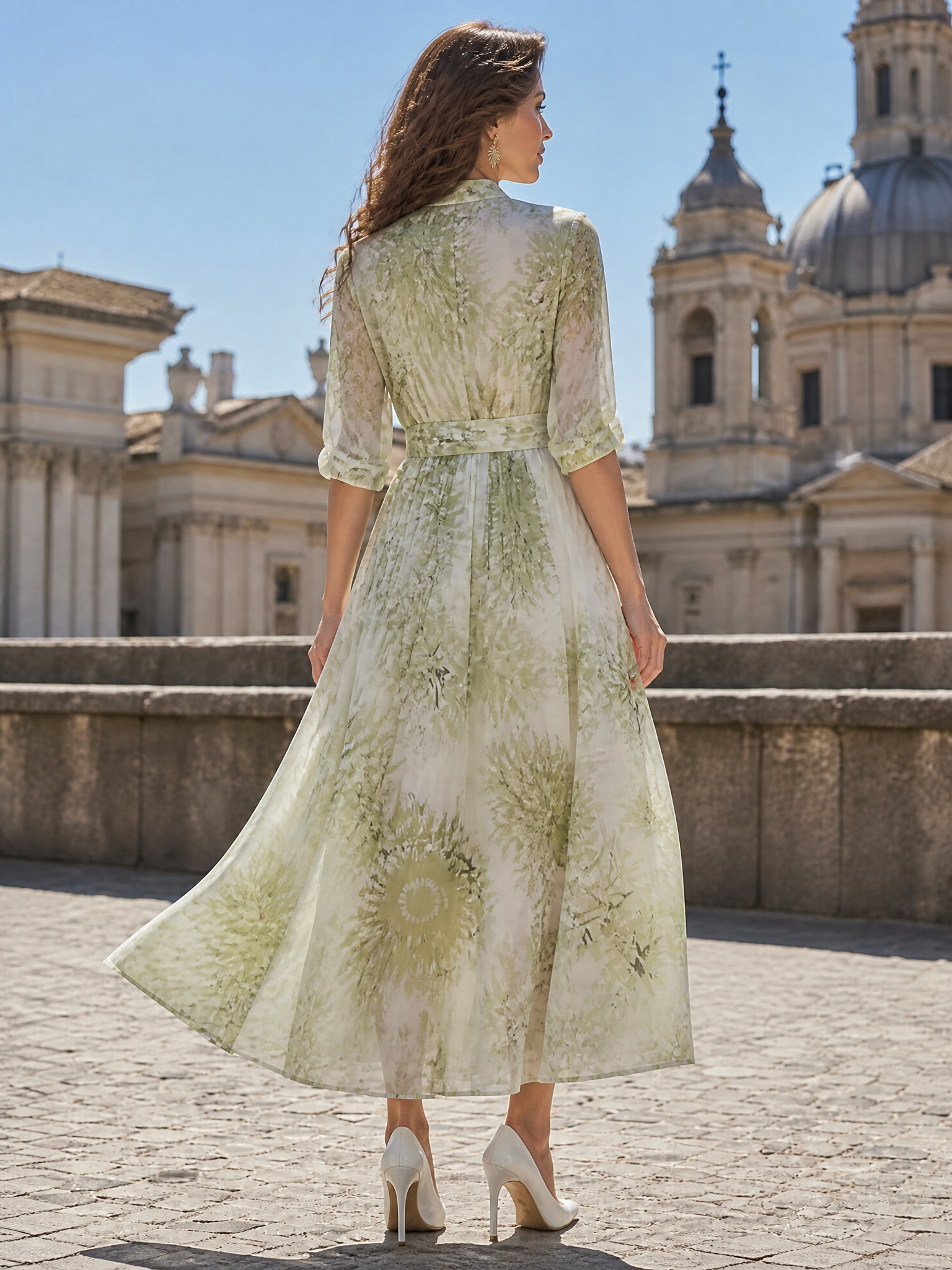 Sage Green Watercolor Floral V-Neck A-Line Midi Evening Gown Dress 