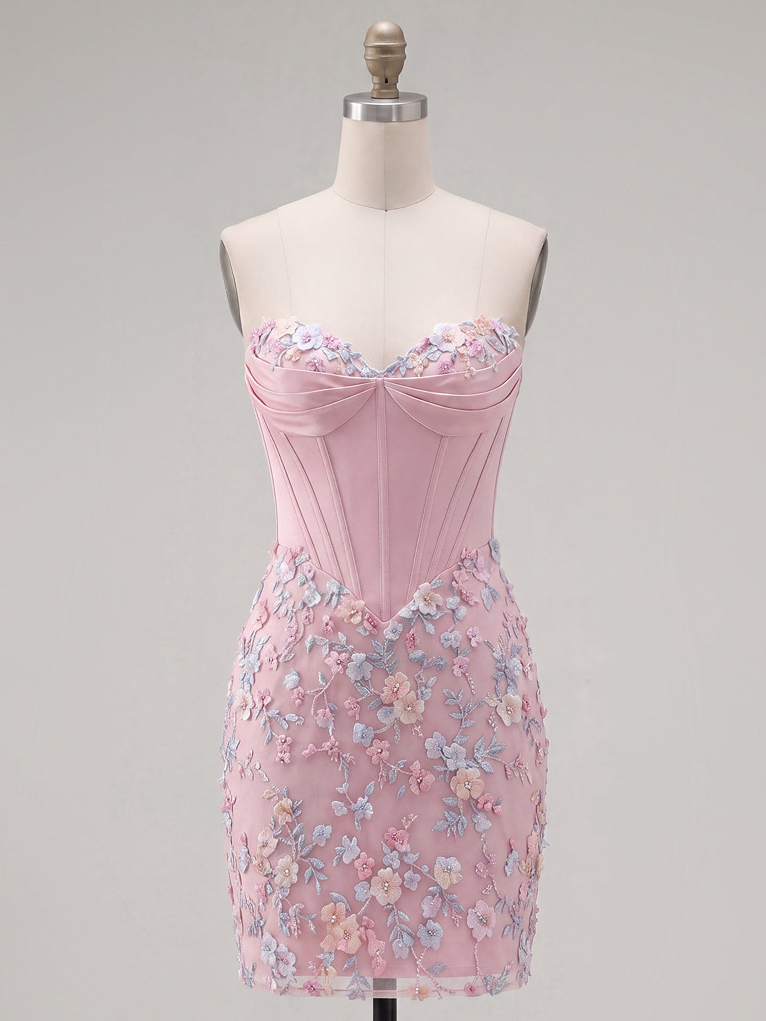Enchanting Pink Floral Embroidered Corset Strapless Homecoming Dress