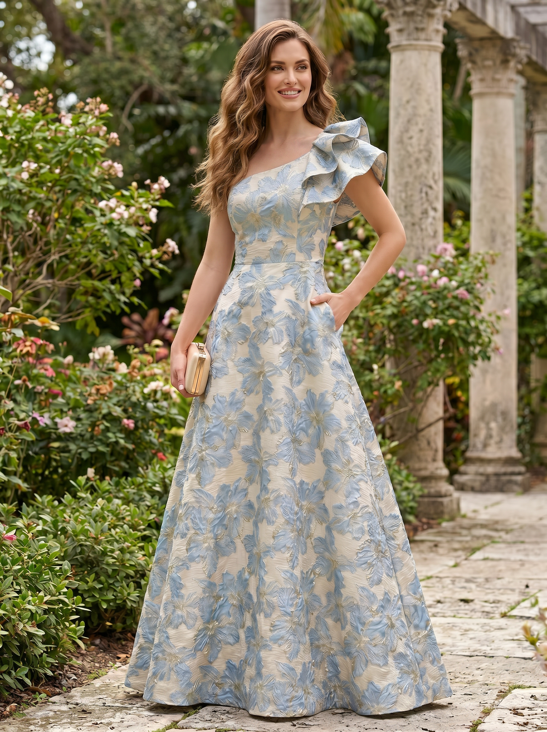 Radiant Sky Blue Ruched One-Shoulder Floral A-line Formal Evening Dress 