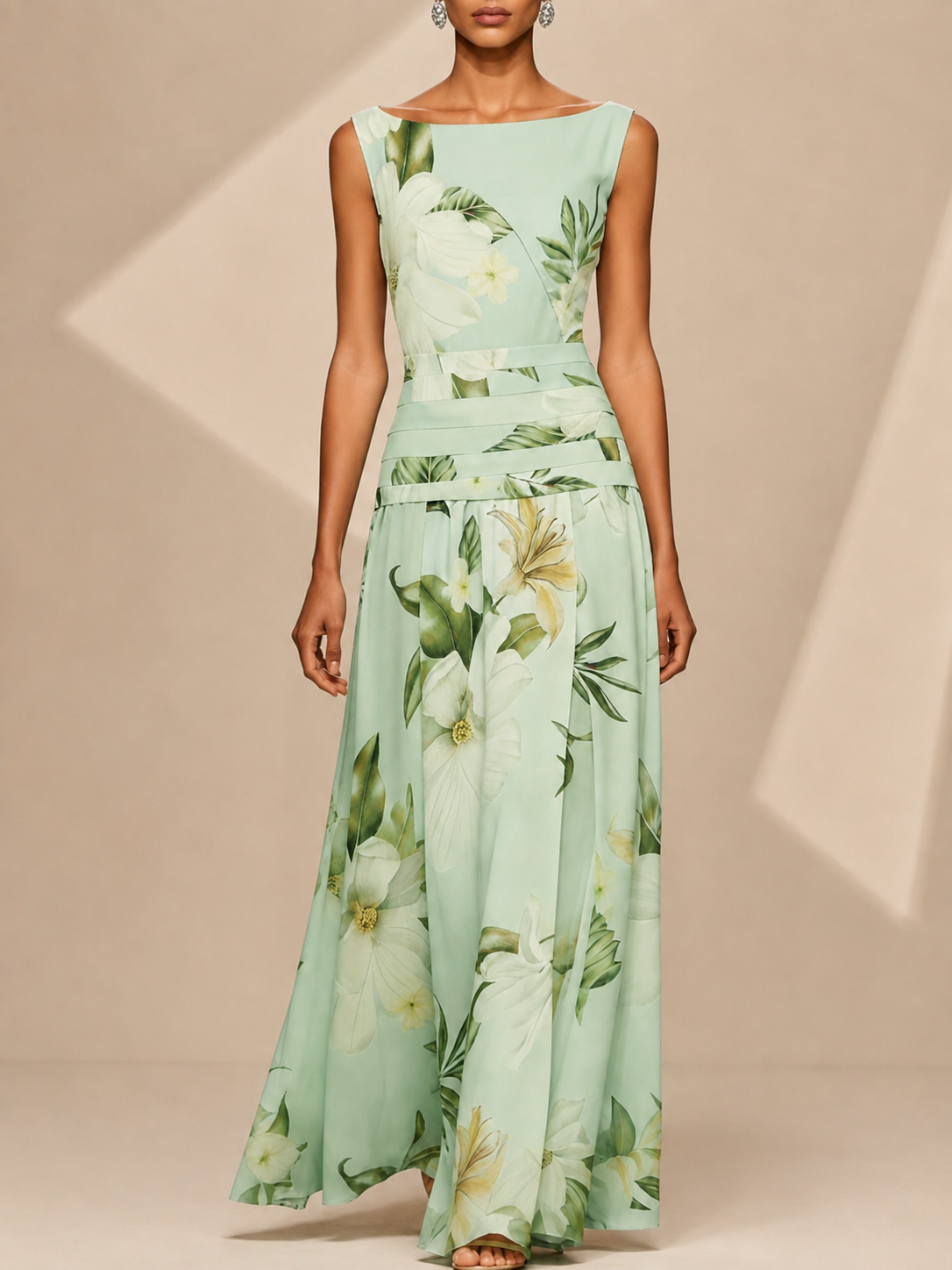 Mint Green Floral Boat-Neck Sleeveless A-Line Maxi Evening Gown Dress 