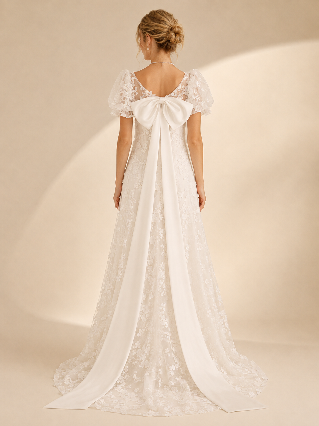White Puff-Sleeve 3D Floral Square Neckline Lace Empire Maxi Wedding Dress 