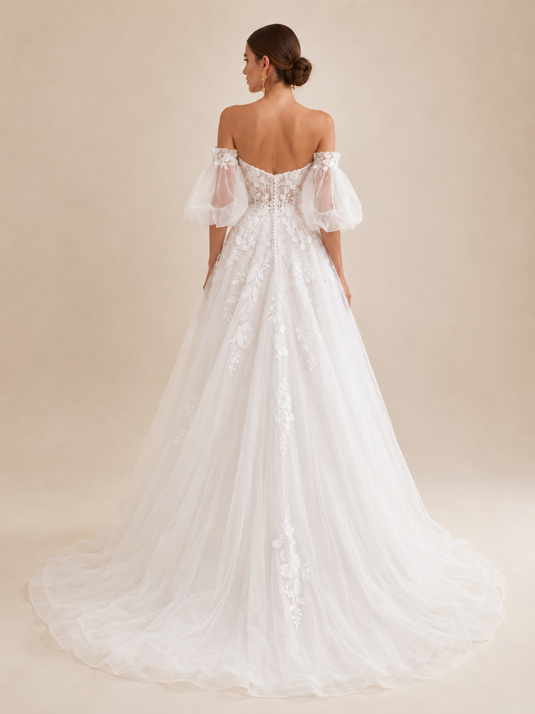 White Off-the-Shoulder Puff-Sleeve Lace Appliqué A-Line Wedding Dress 