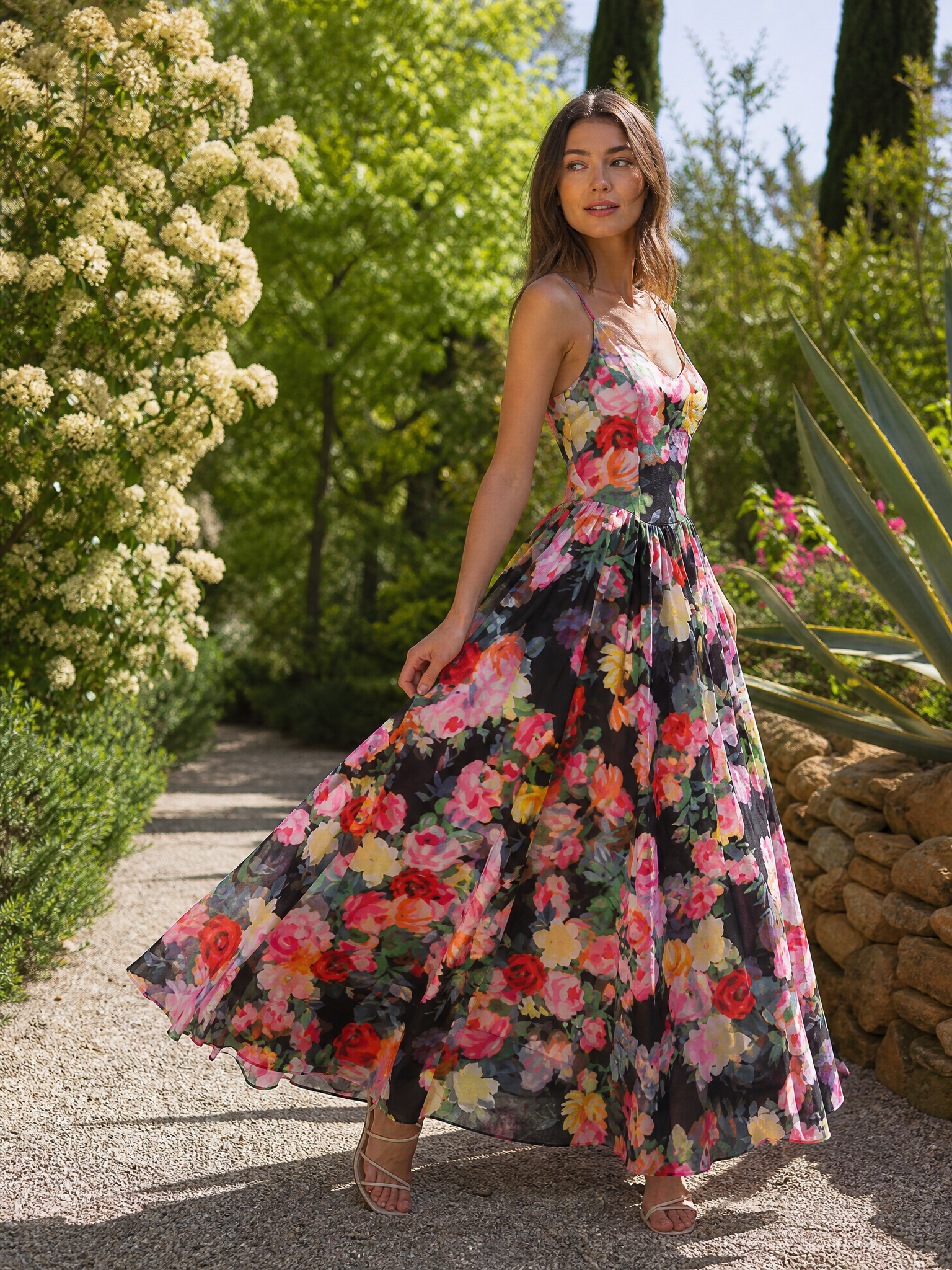 Multicolored Floral Cami V-Neck Spaghetti Straps A-Line Maxi Gown Dress