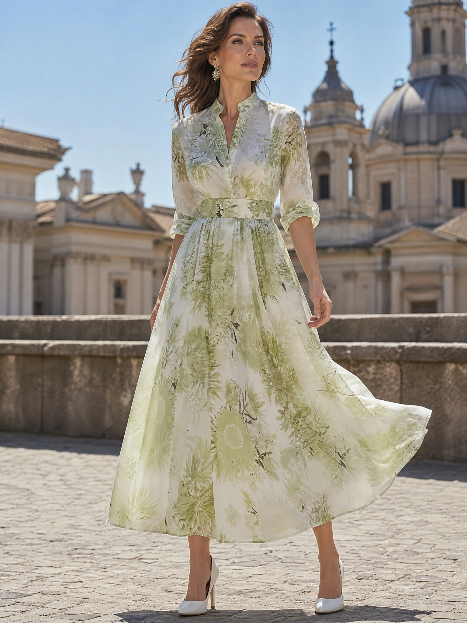 Sage Green Watercolor Floral V-Neck A-Line Midi Evening Gown Dress 