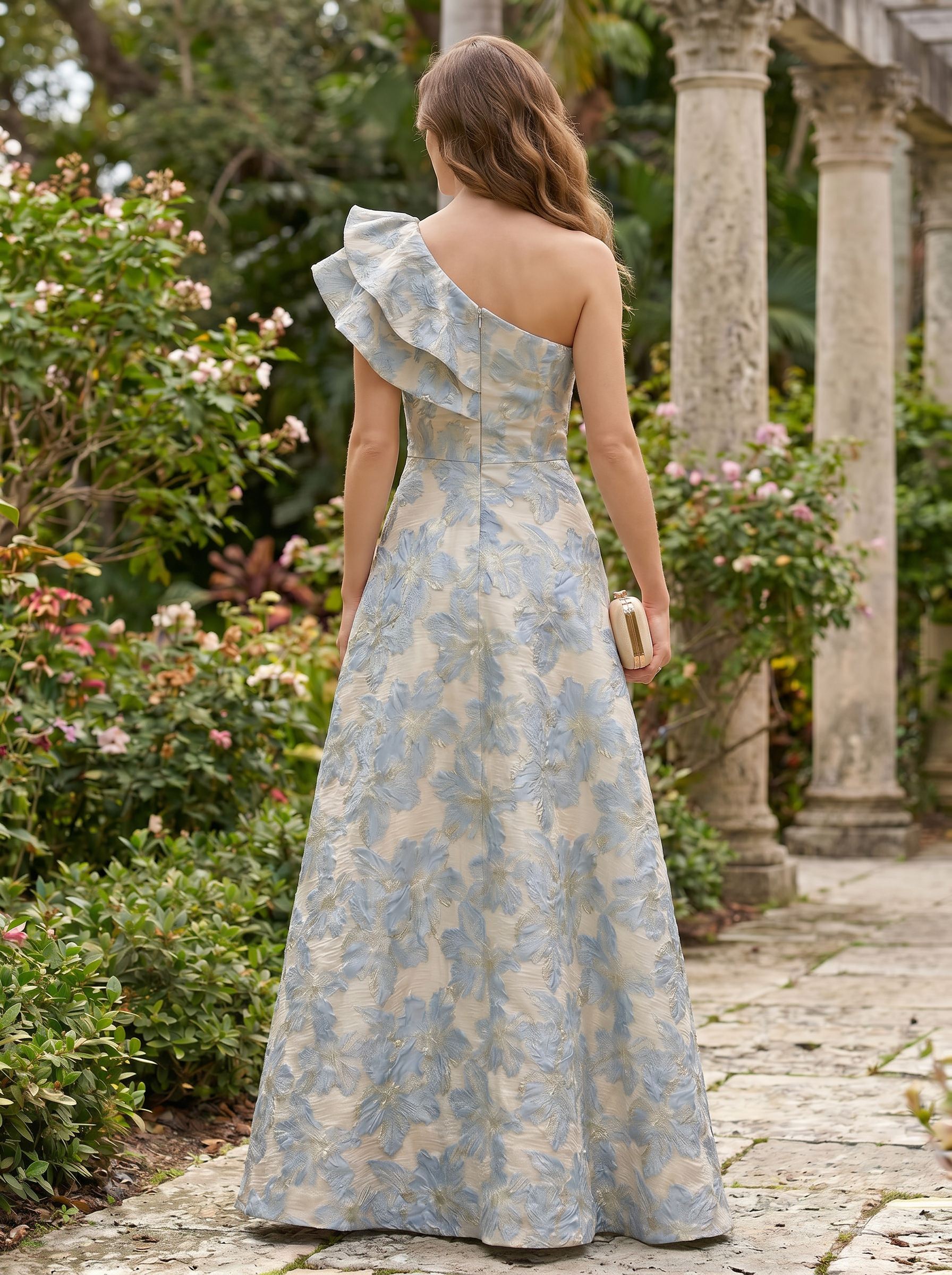 Radiant Sky Blue Ruched One-Shoulder Floral A-line Formal Evening Dress 