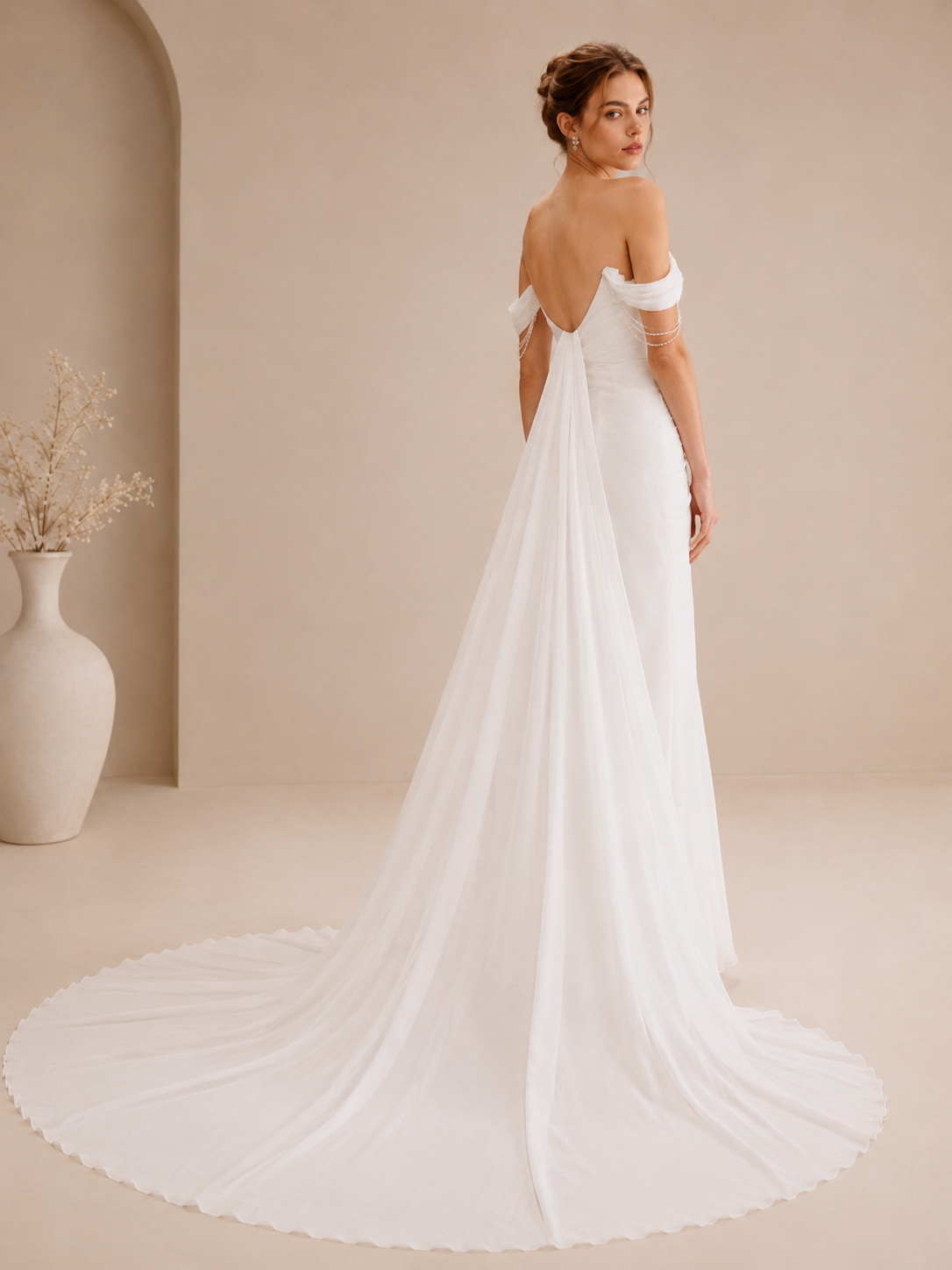 White Off-the-Shoulder Beaded Draped Chiffon Slit Wedding Dress 