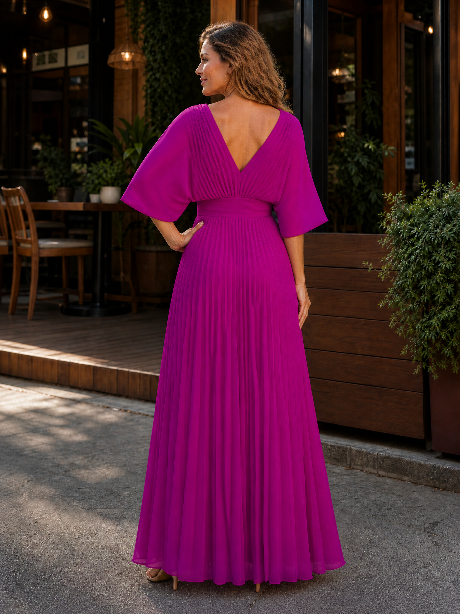 Magenta Pleated V-Neck A-Line Maxi Gown Dress 