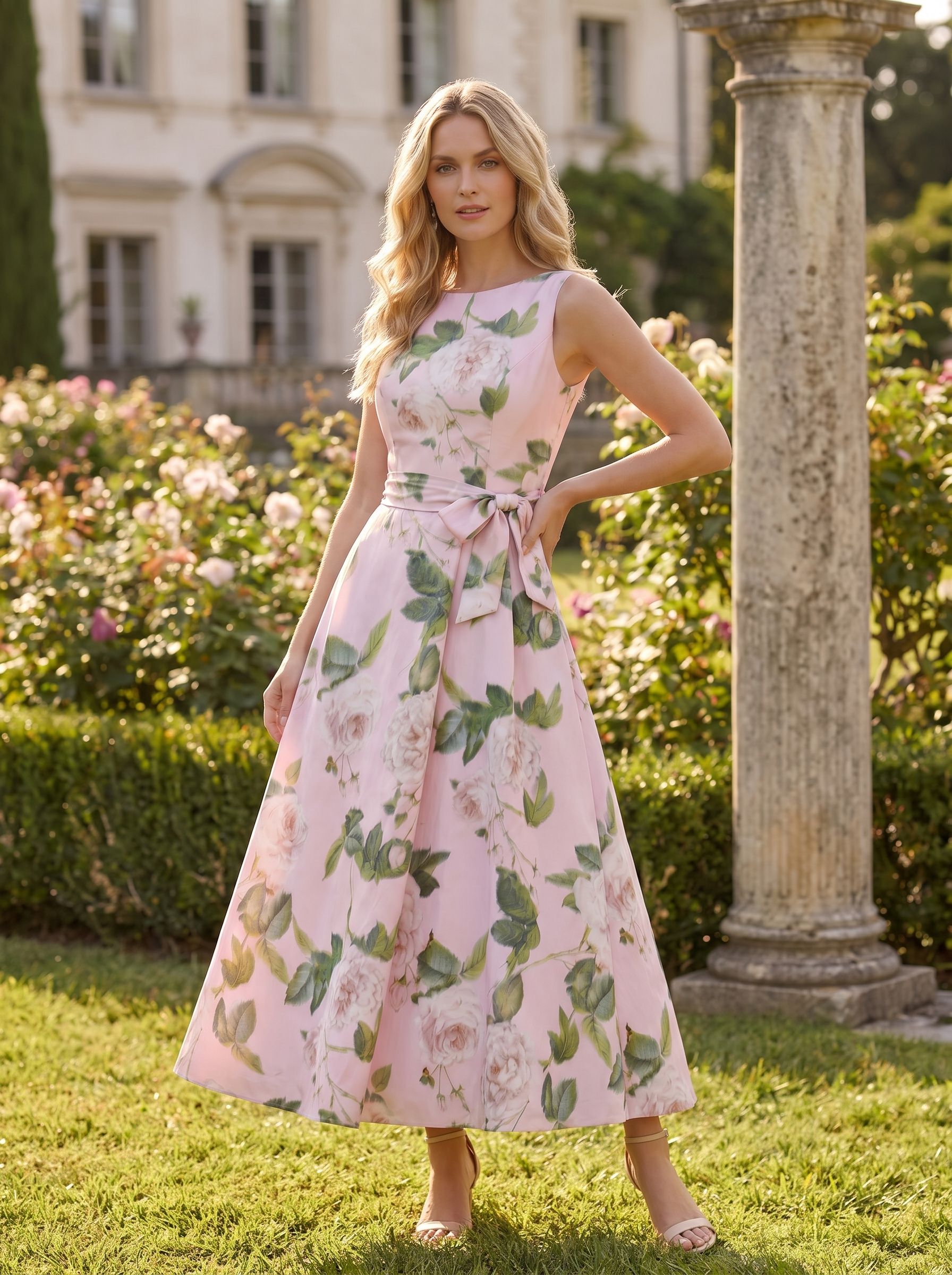 Romantic Pink Garden Tea-Length A-line Formal Evening Dress 