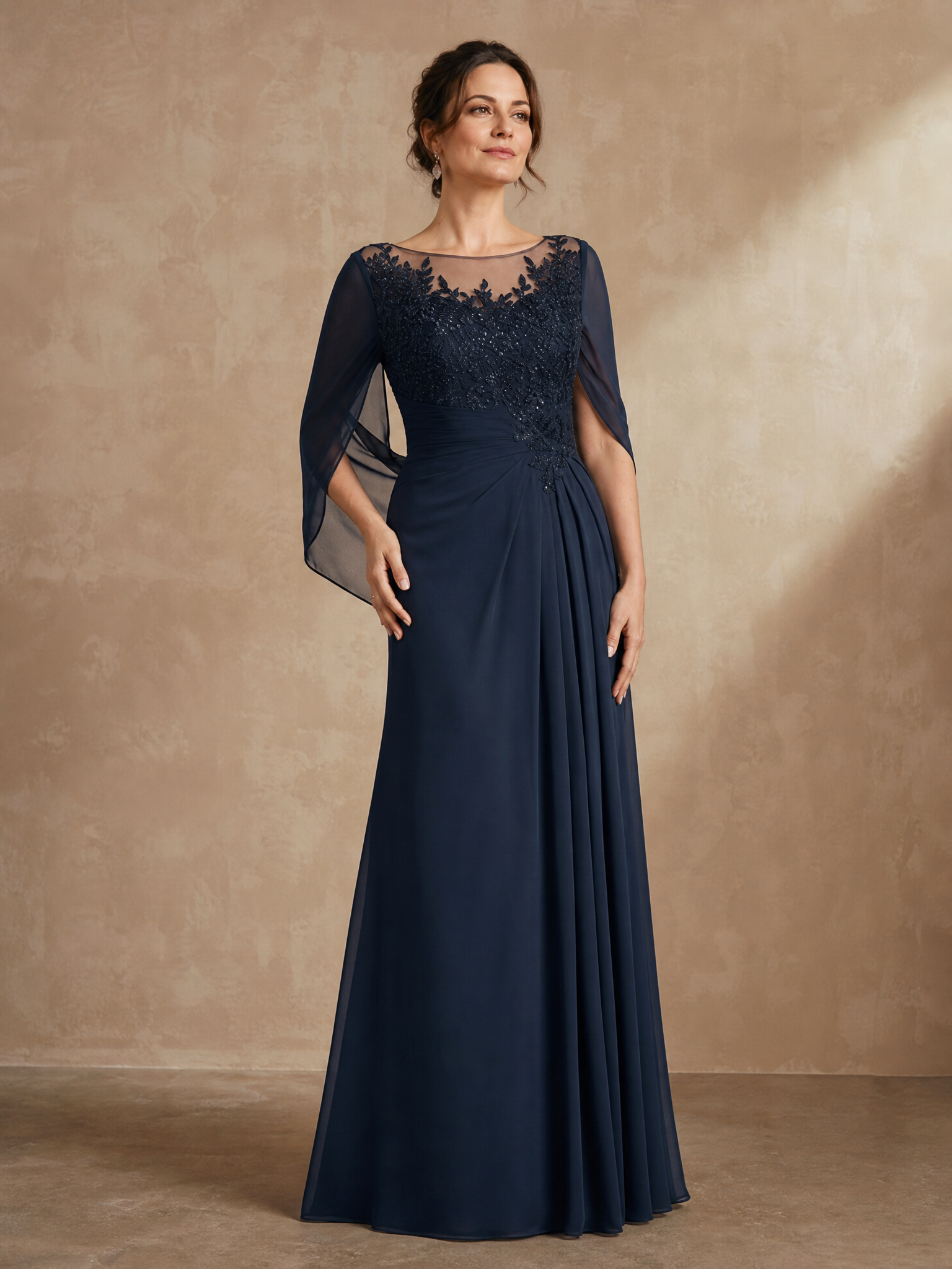Elegant Navy Blue Chiffon A-Line Mother of the Bride & Groom Dresses with Embroidered Illusion Bodice 
