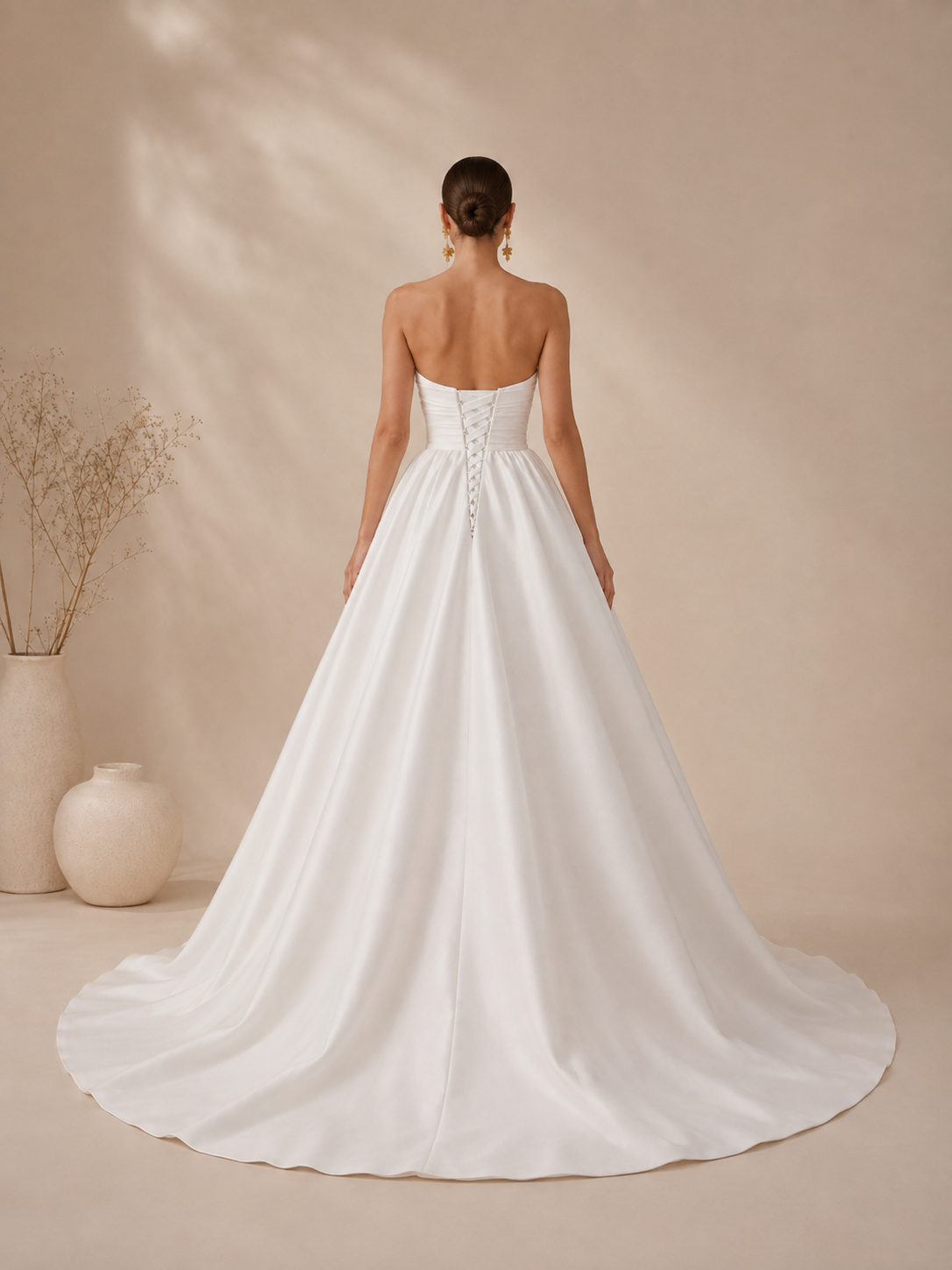 White Sweetheart Strapless Ruched Satin A-Line Wedding Dress 
