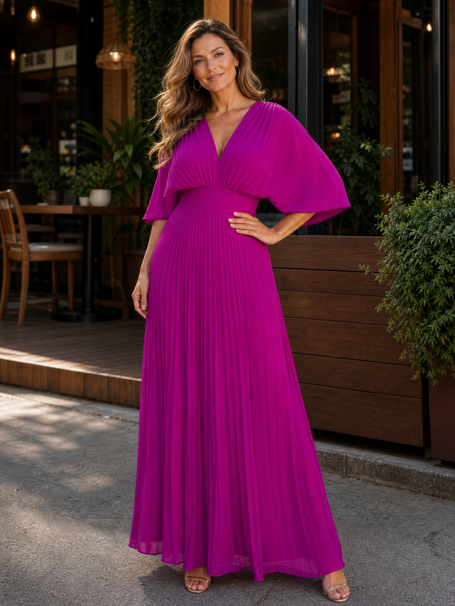 Magenta Pleated V-Neck A-Line Maxi Gown Dress 