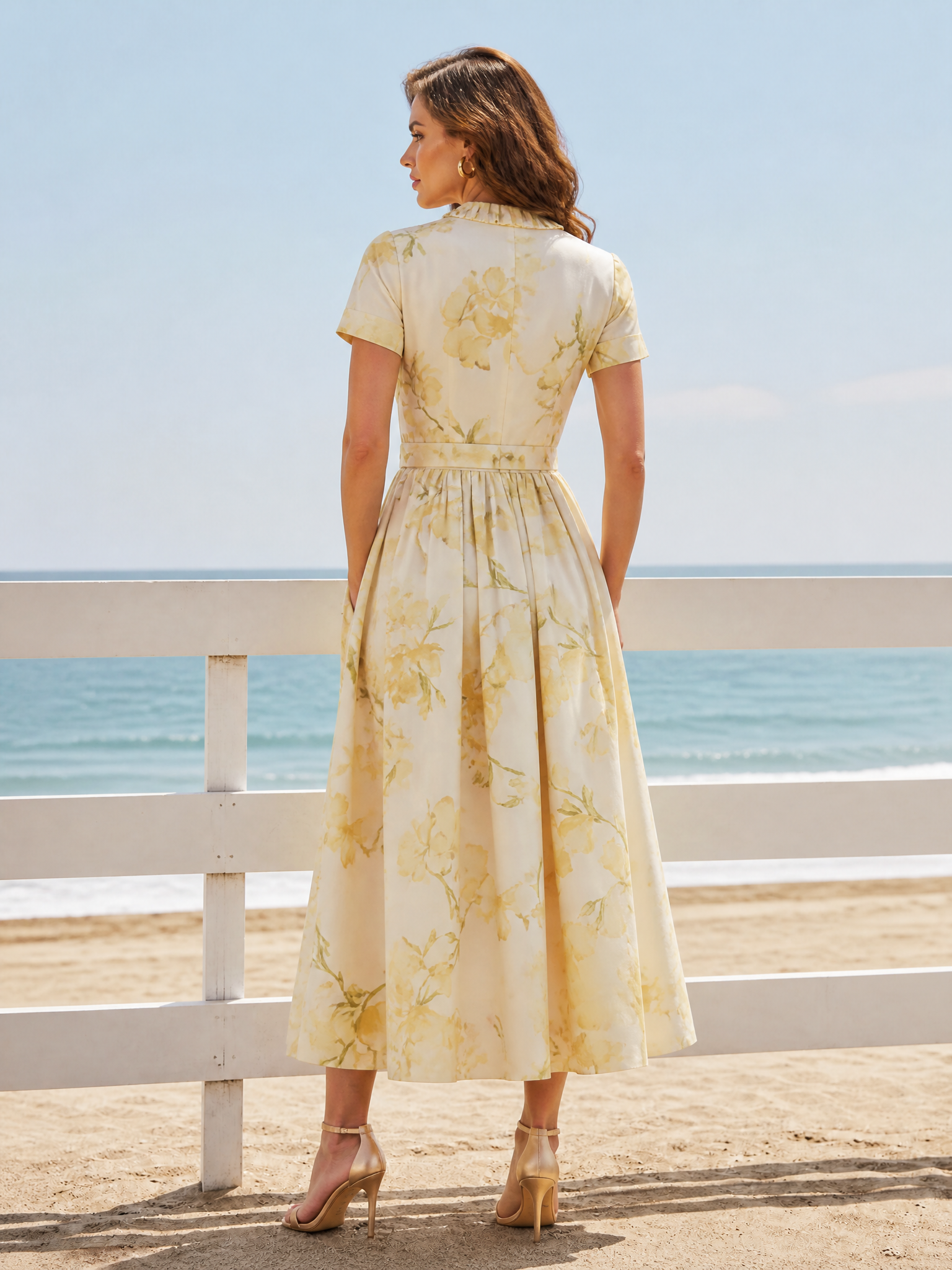 Light Yellow Ruffled Floral Short-Sleeve V-Neck A-Line Midi Evening Gown Dress 