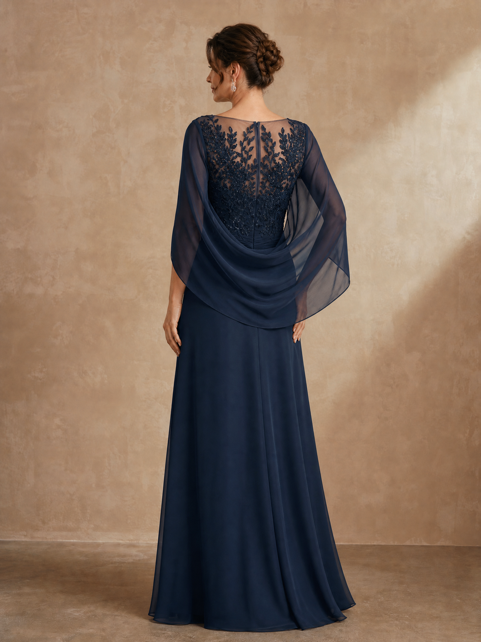Elegant Navy Blue Chiffon A-Line Mother of the Bride & Groom Dresses with Embroidered Illusion Bodice 