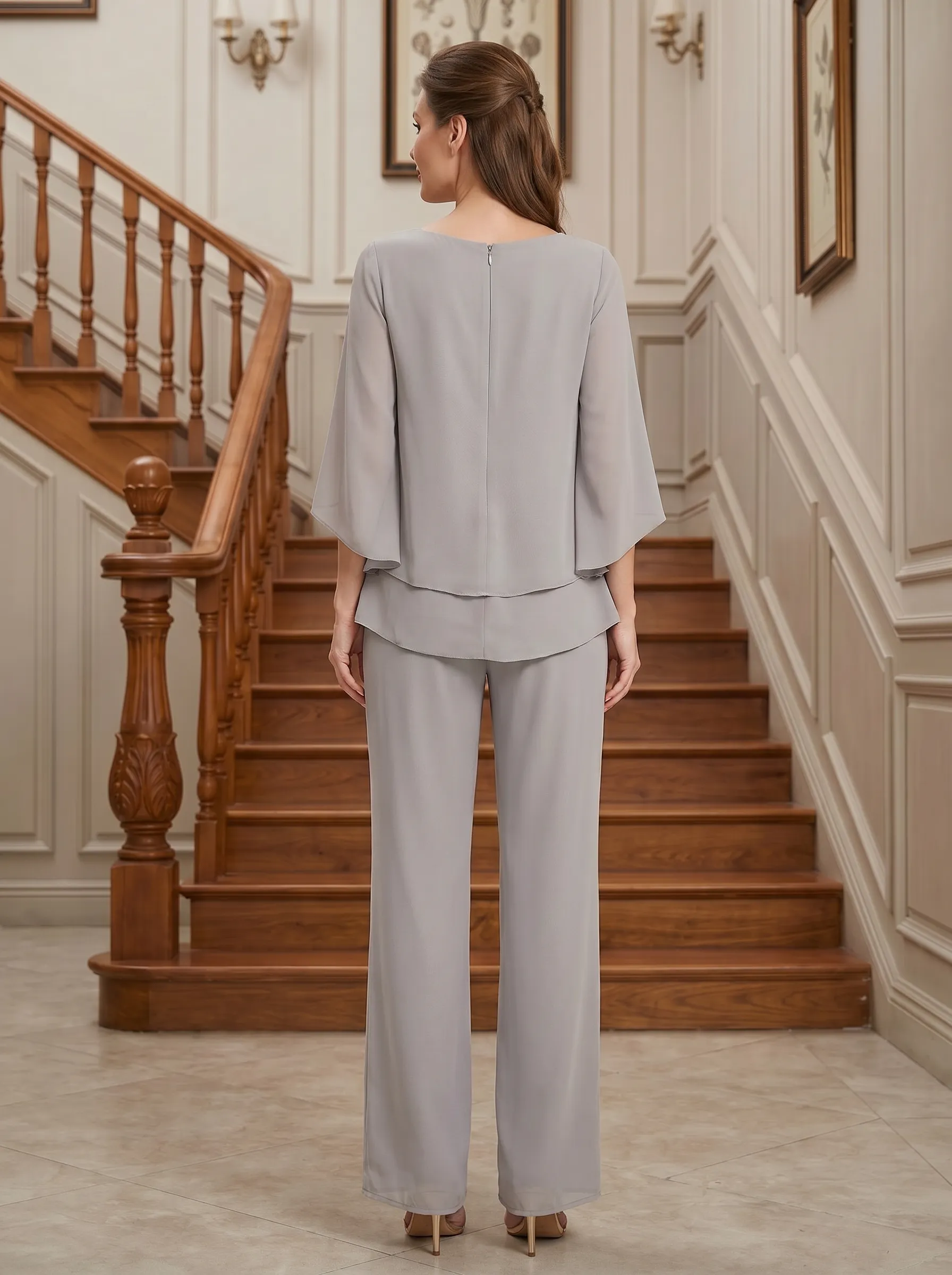 Round Neck Chiffon Two-Piece Mother of the Bride Jumpsuit