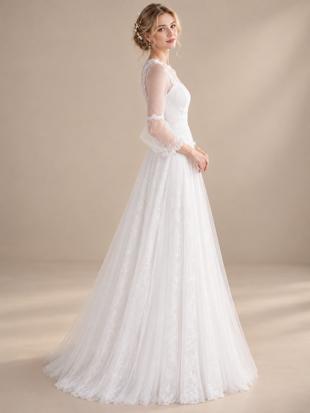 Ethereal White Lace Sheer Bishop-Sleeve A-Line Wedding Dress 