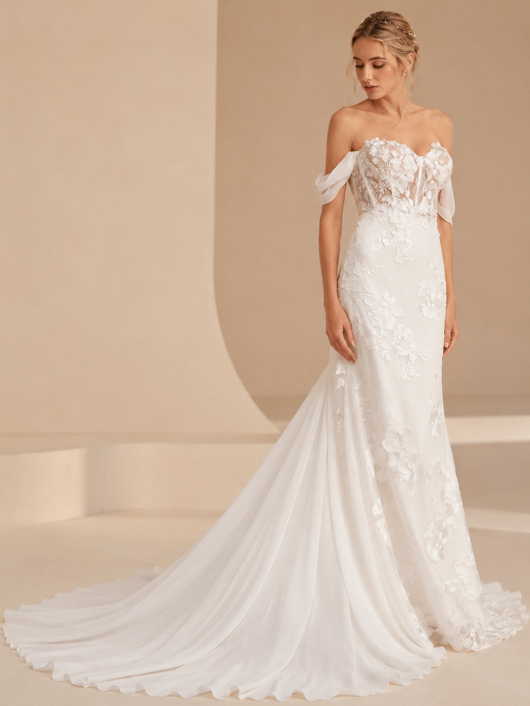 White Sweetheart Off-the-Shoulder Lace Mermaid Wedding Dress 