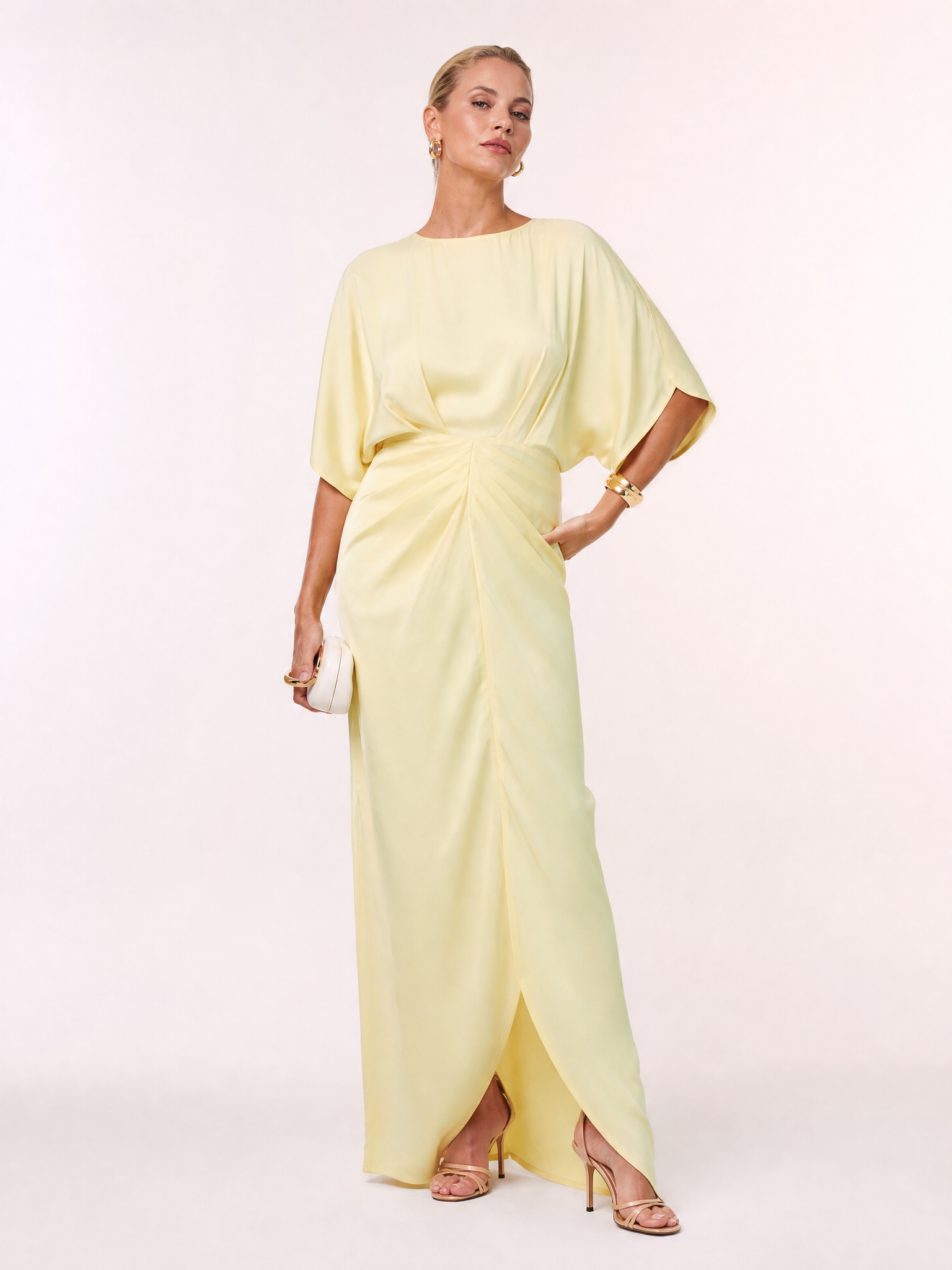 Soft Yellow Draped Knot-Front Round Neckline Sheath Maxi Gown Dress With Front Slit